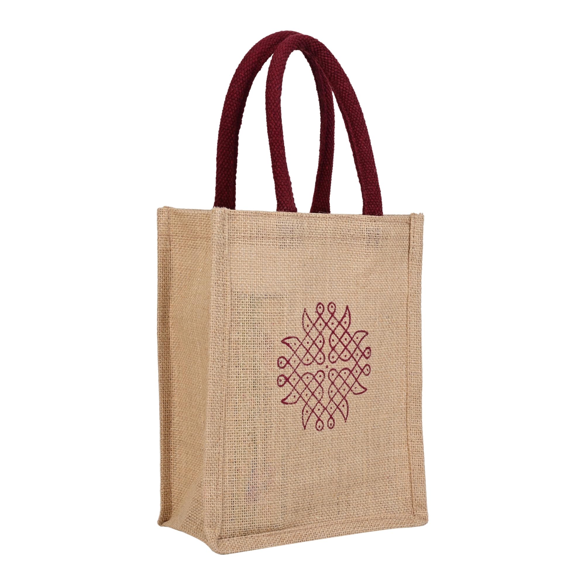 Jute Return Gift Bags, 20x25x10 cm, Natural Jute Color, Pack of 10 (Kolam Type1 print)-image-26