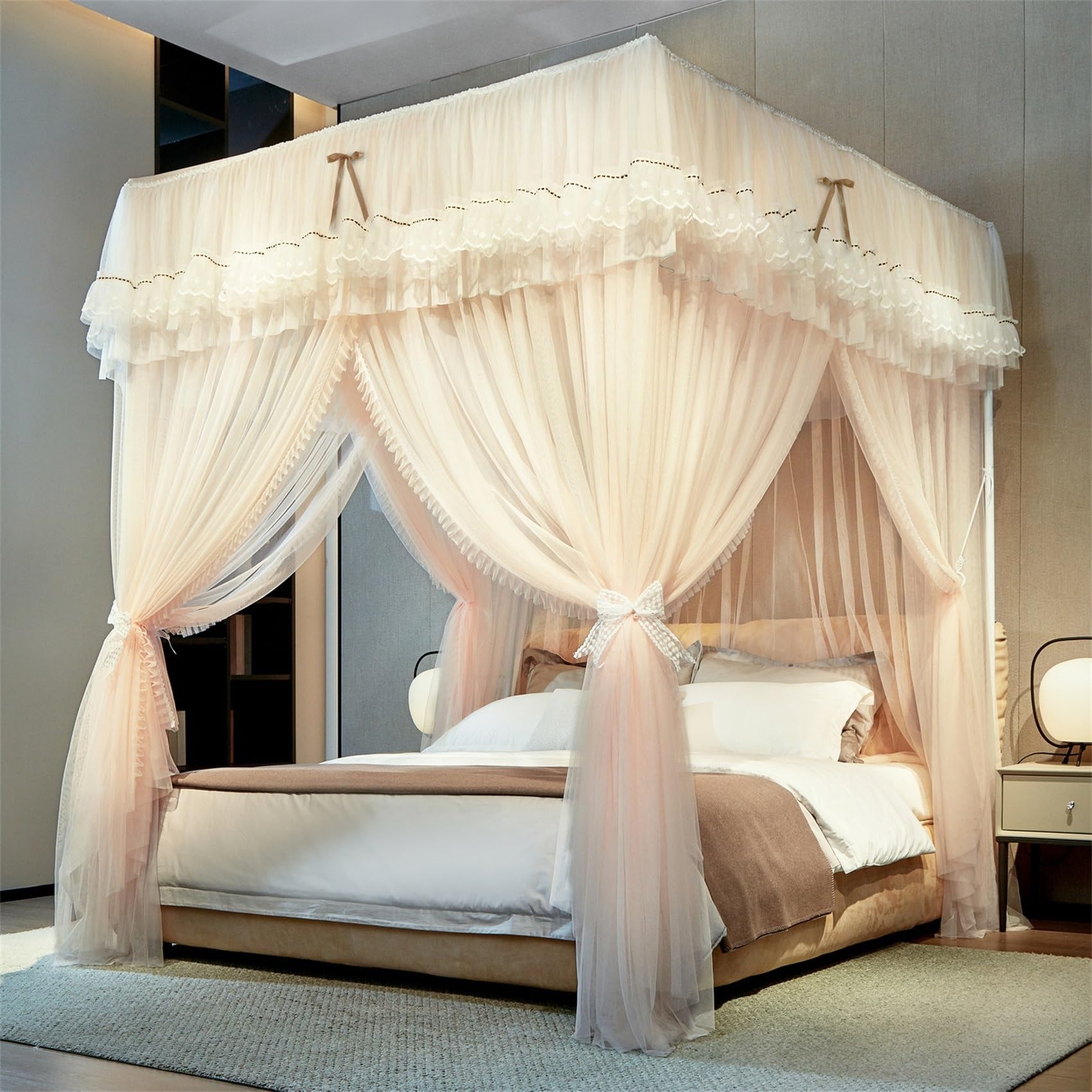 GUOIOOI Canopy Bed Curtains 4 Corners Post Ruffle Lace bow Princess Bed Canopy with Removable Blackout Top,Double‑Layer Cozy Drape Netting 3‑Side Opening for Queen/Full Bed(Apricot,FULL/1.5x2M)