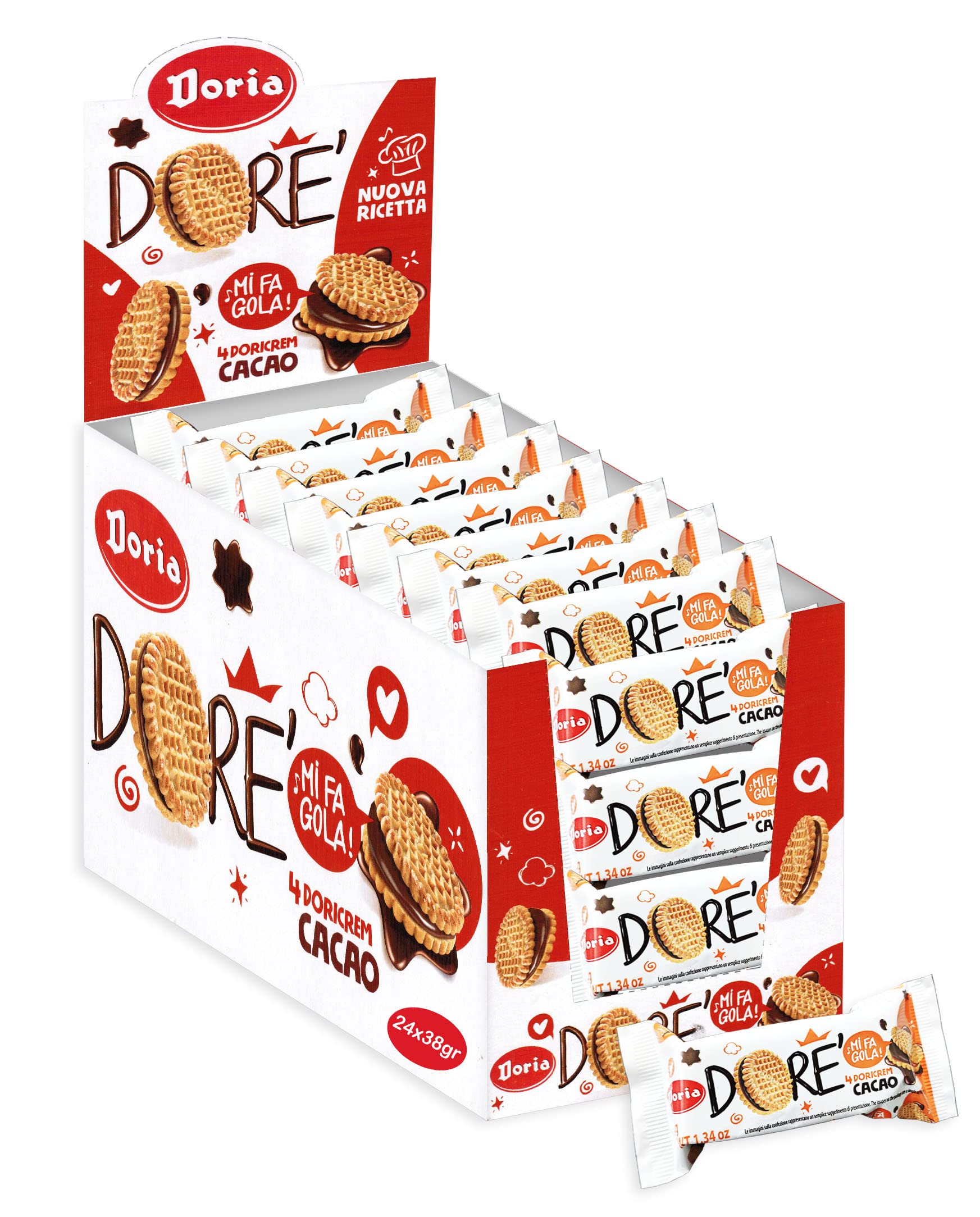 Doria Dore' Biscotti Frollini con Ripieno al CACAO - Showbox da Banco con 24 bustine da 38gr