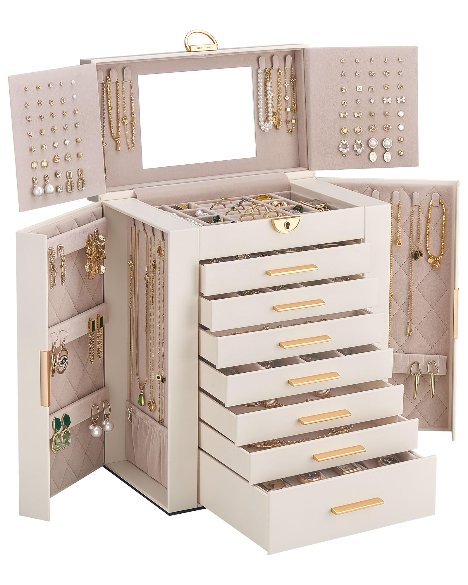 Lolalet Large Jewelry Box, 8-Layer Jewelry Organizer with 7 Drawers -Beige