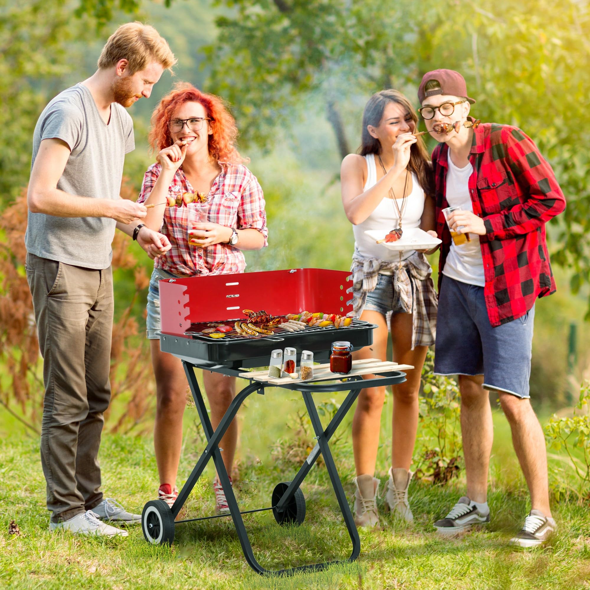 Outsunny Nowy składany grill grill grill gotowanie wózek na węgiel drzewny z kółkami - czarny/czerwony