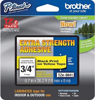 Brother Laminated Tape, Retail Packaging, 3/4-Inch , Black on Yellow (Tzes641)-Retail Packaging