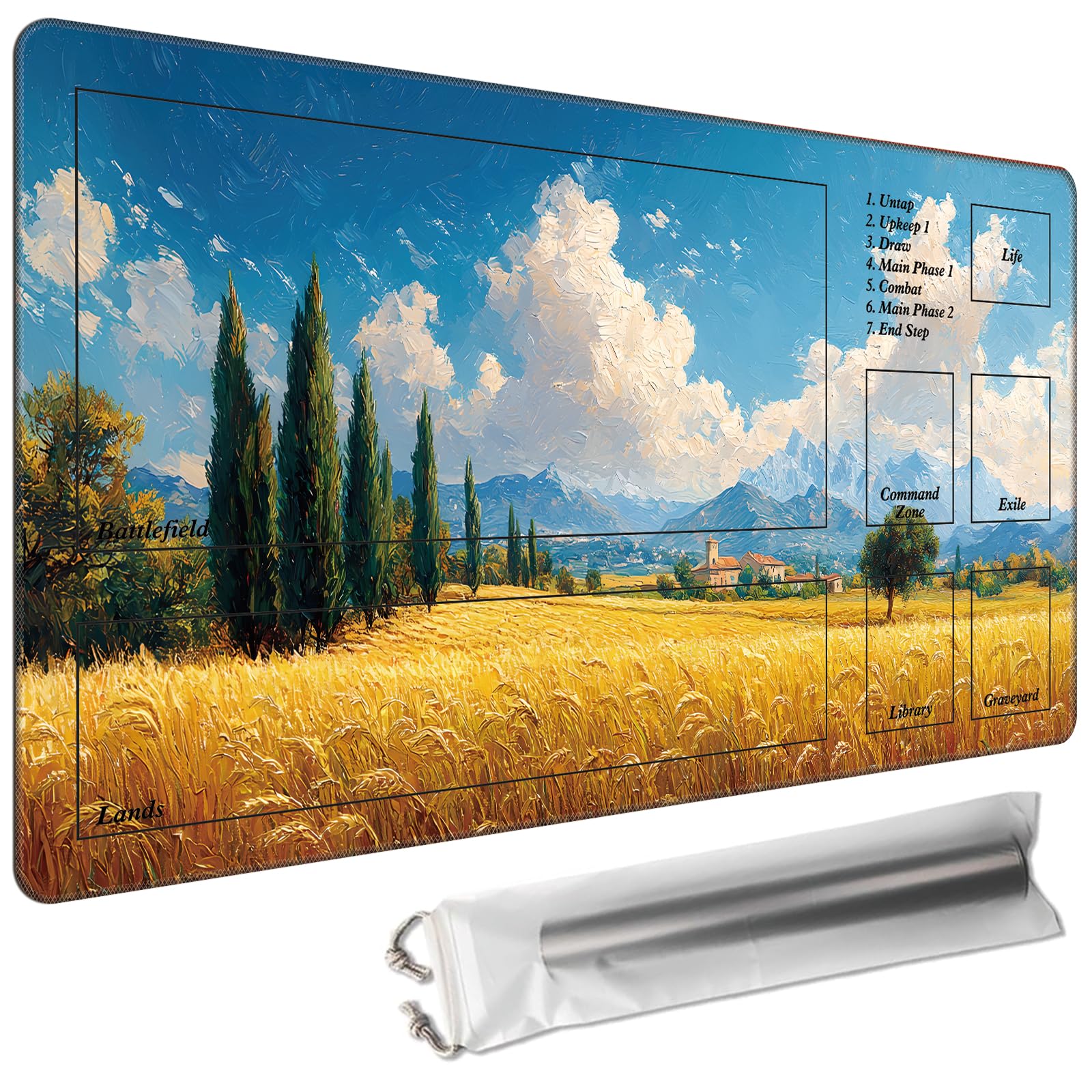 Cdkfxjy MTG Playmat with Magic Zone 24 x 14in Includes Storage Bag,TCG Playmat with Soft Surface Premium Non-Slip Rubber Backing Stitched Edges Durable Gaming Mat,Golden Wheat Field