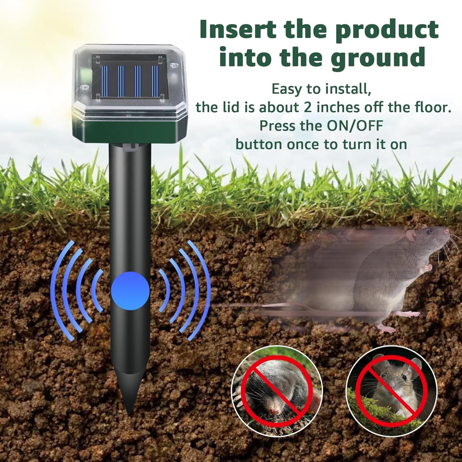 Lot de 4 ou 6 paquets de répulsifs solaires soniques pour extérieur - Piège à taupes imperméable pour extérieur - Pour dissuasion des taupes, rongeurs, campagnols, gopher, serpent, pelouse