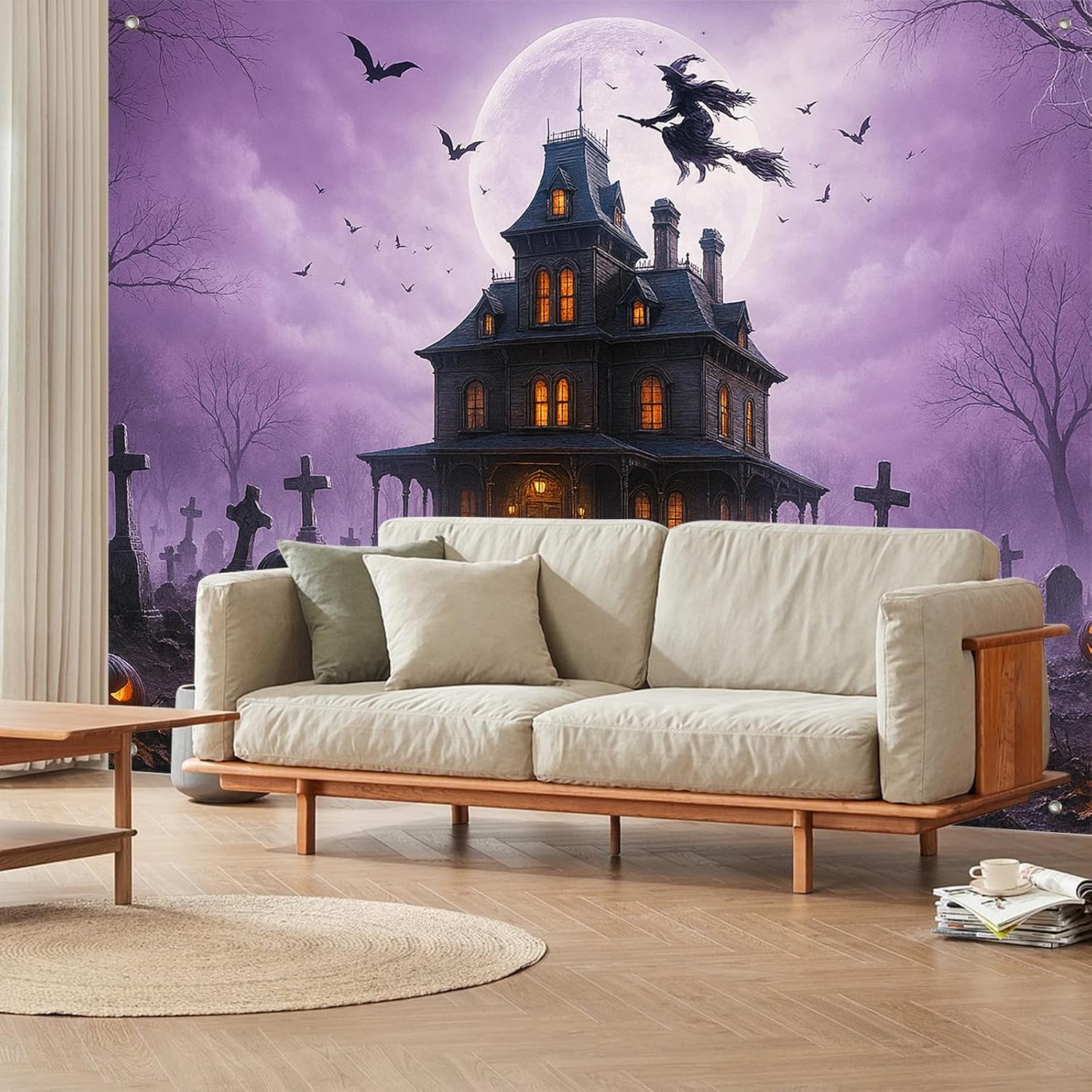 BlissYard Happy Halloween Banner 71x43 Inch Pumpkin Lantern Backdrop Scary Halloween Wall Decor with Full Moon Bat for Haunted House Party Outdoor Indoor Yard Window Decoration