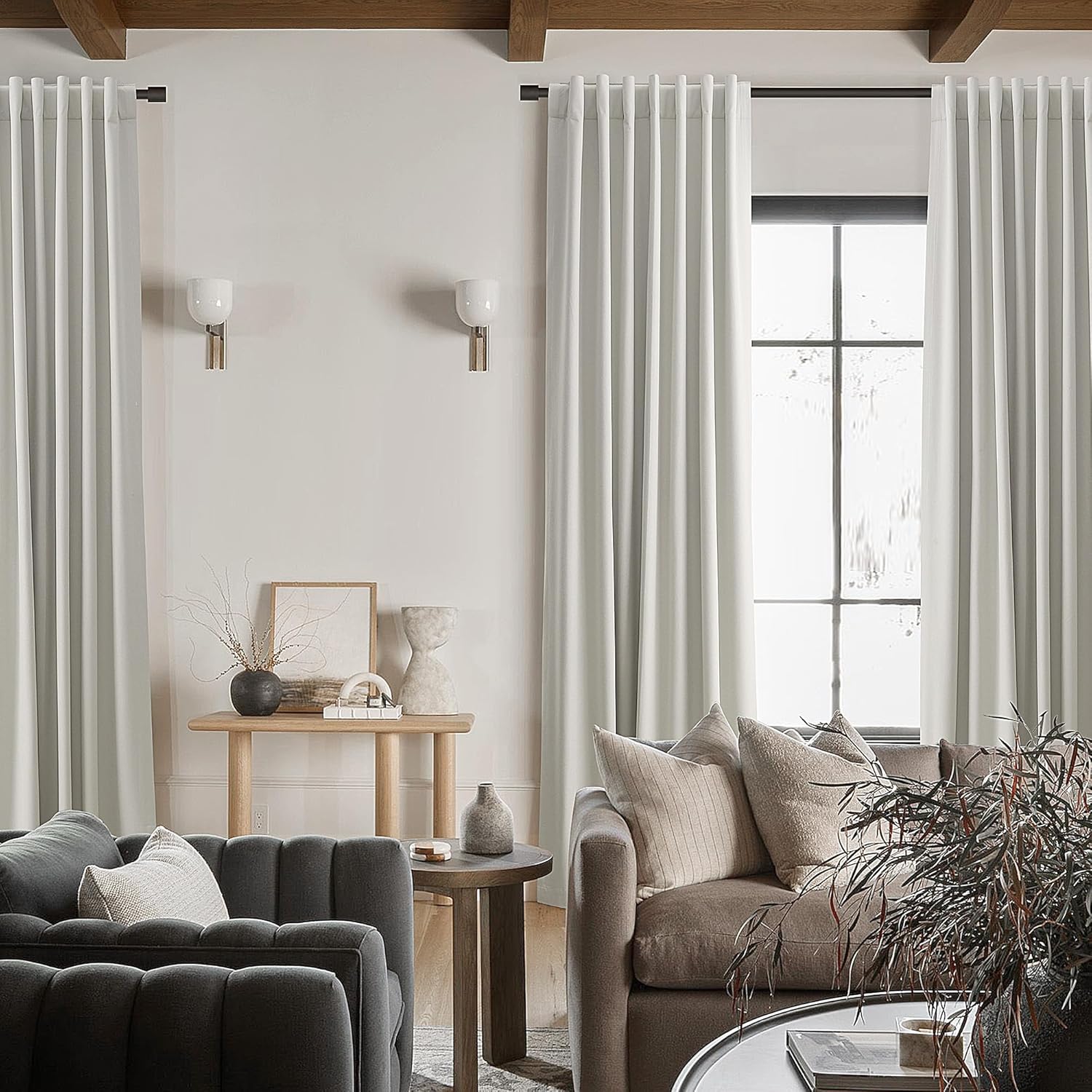 Beige White Blackout Curtains 96 Inches Long Back Tab Heat Reflective Light Block Out Curtains 2 Panels for Bedroom Windows Textured Long Off White Blackout Draperies Floor To Ceiling Length 8 FT