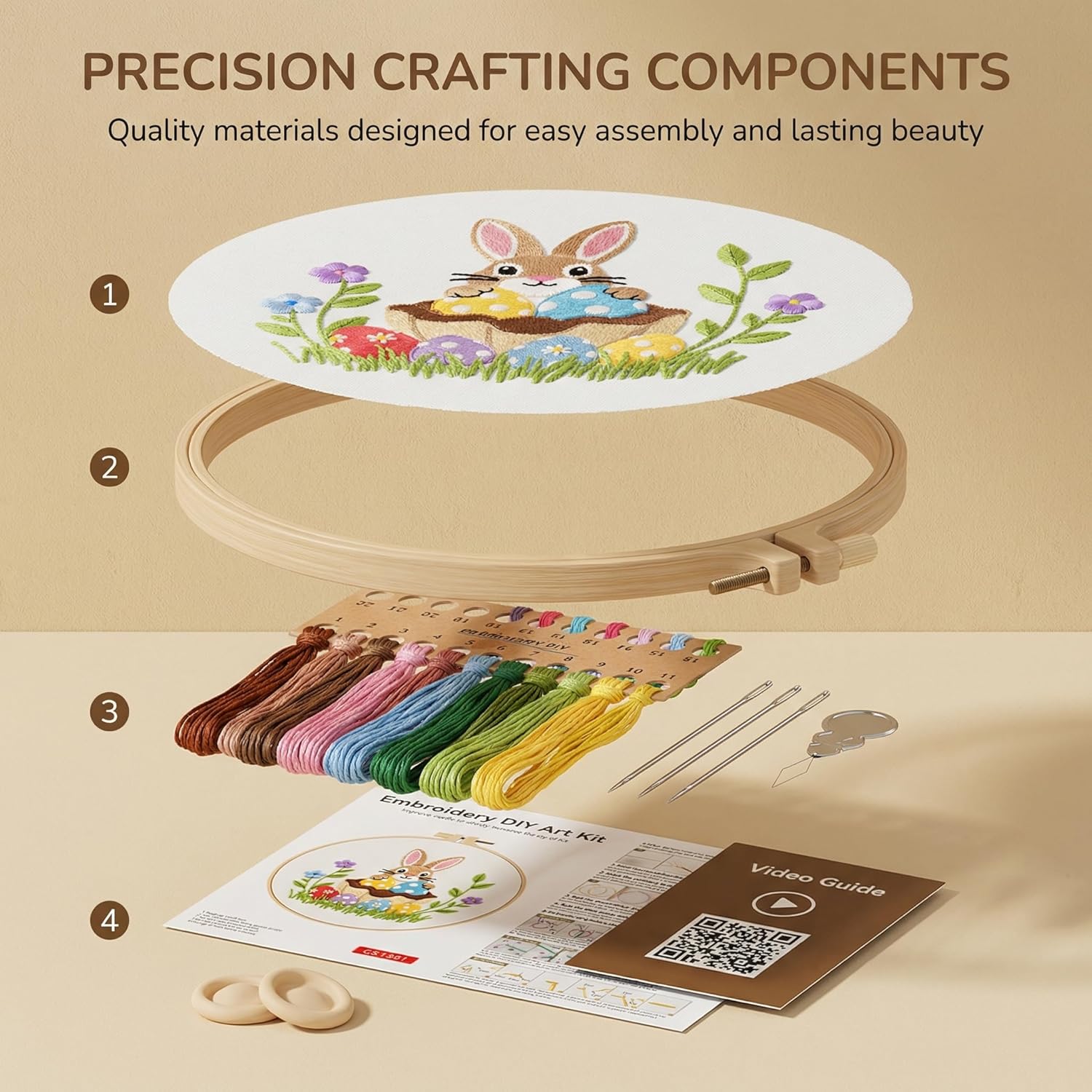 WaFtesh Embroidery Kits for Beginners Adult, DIY Hand Embroidery Cross Stitch Starter Set with Pattern, 3D Rabbit Needlepoint & Cross Stitch 7.9 Inch Hoop Threads, Needles, Instruction