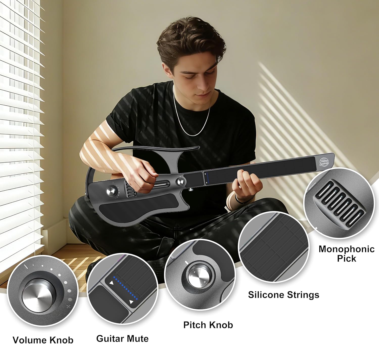 Smart Guitar, Portable and Foldable with App Interactive Chord Sheets, Stringless Travel Backing Guitarra Built-in Drum Machine & Speakers, No Strings Attached for Beginners & Teens, Black