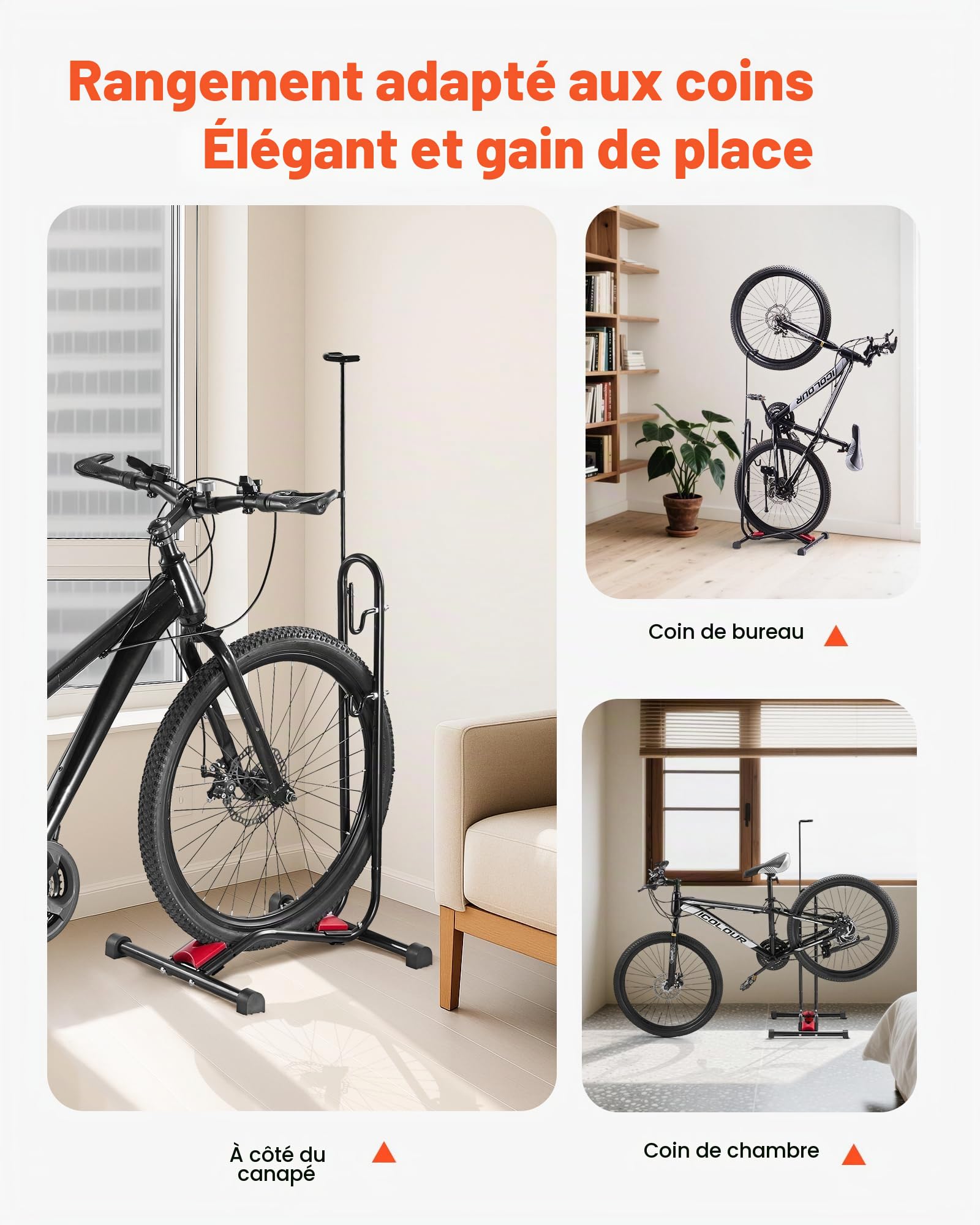 VEVOR Support à Vélo Compatible avec VTT et Vélos 406,4-700 mm, Porte-vélos Autoportant, Support de Rangement de Bicyclette Vertical et Horizontal, Range Vélo Sol pour Espace Réduit, Entrée, Garage