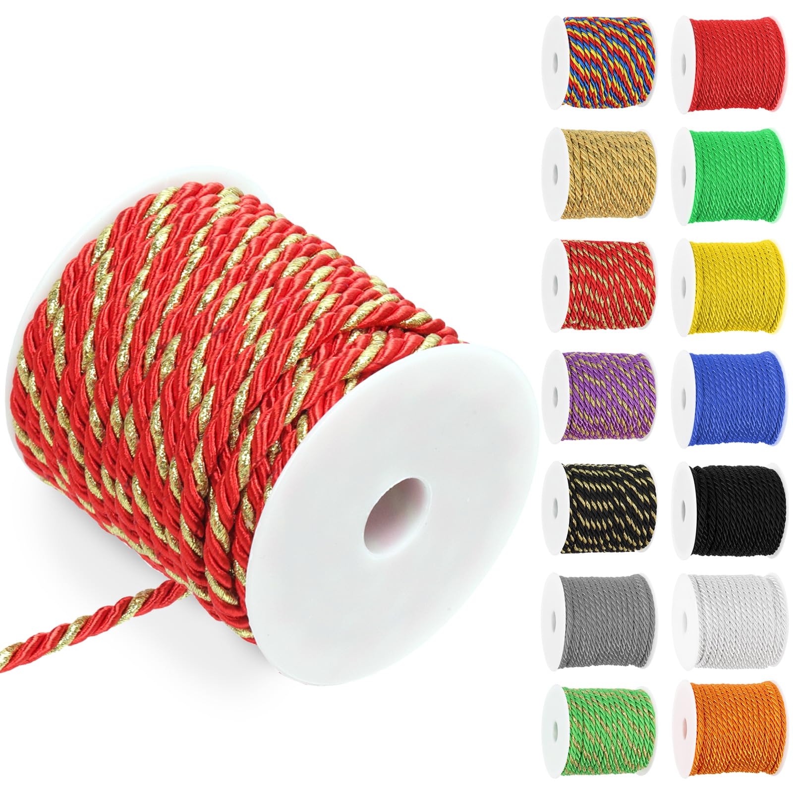 Swpeet 5mm 19 Yards Red Gold Twisted Cord 3-Ply Polyester Twisted Decorative Cord Shiny Viscose Cording Thread for Sewing & Crafting Home Decor Curtain Tieback, Craft Gift Bag, Graduation Honor Cord — image 1