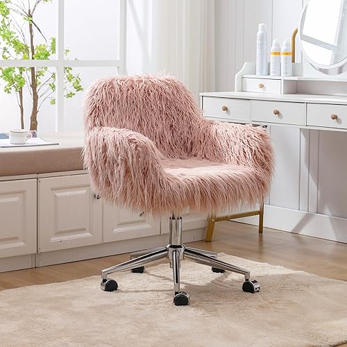 HomVent Silla de oficina moderna de piel sintética rosa, silla de tocador tapizada de piel sintética, silla de escritorio peluda con ruedas y base
