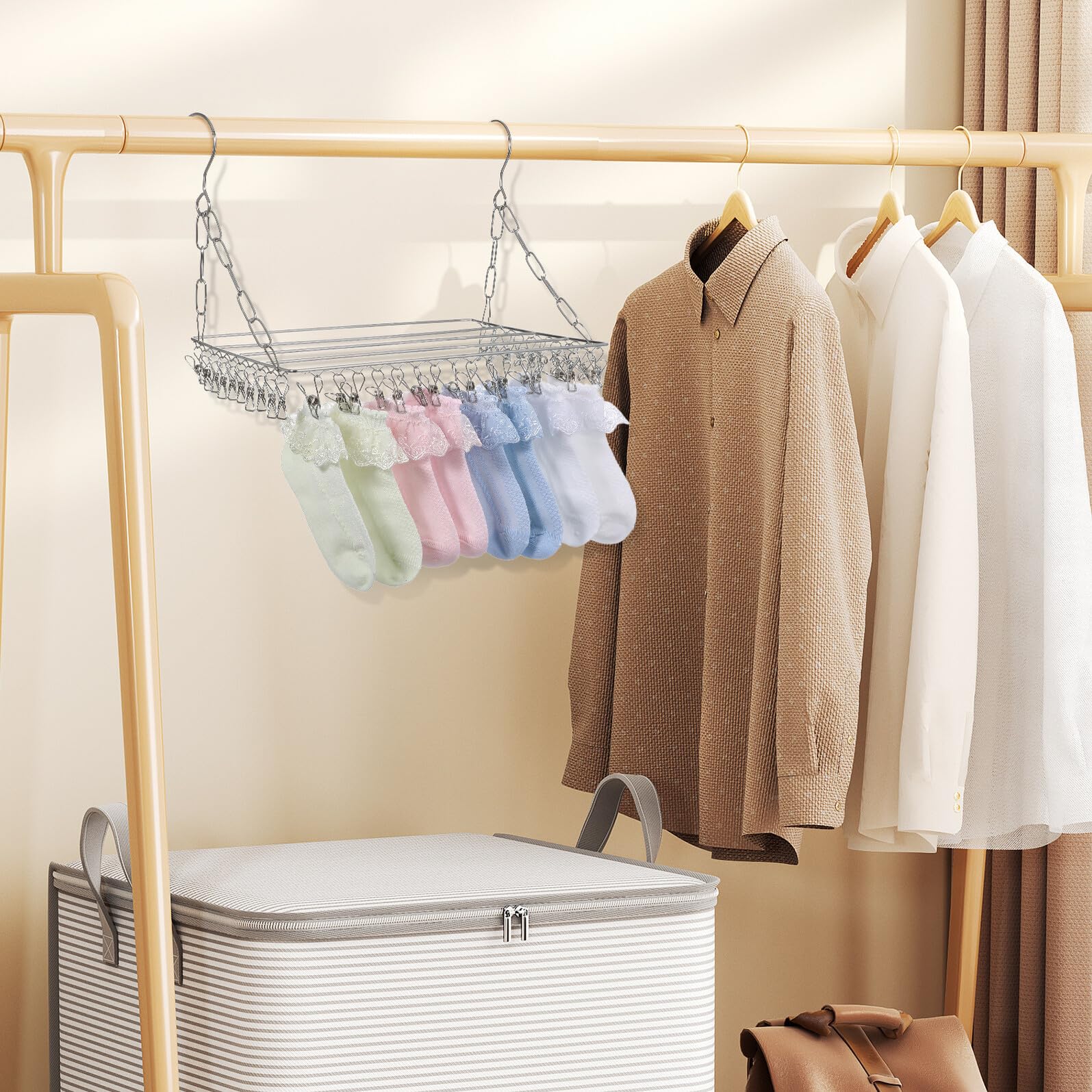 Stendibiancheria per Calze in Acciaio Resistente con Clip Antivento Appendino Salvaspazio Pieghevole per Calze Cappelli Sciarpe e Abbigliamento Installazione Facile Senza Attrezzi