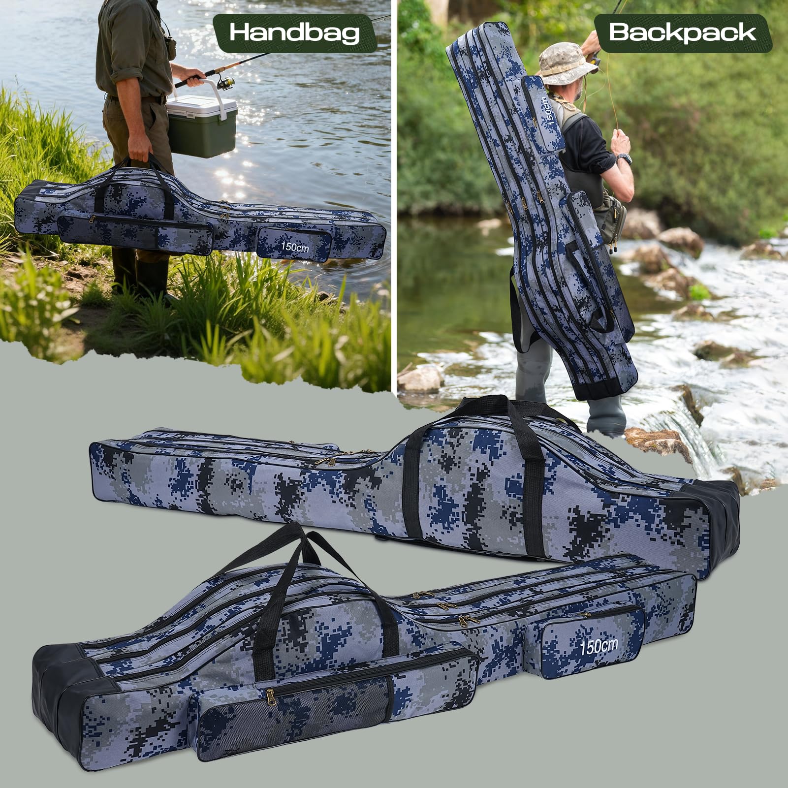 Angeltasche Rutentasche Rod Case, 150cm Angeltasche Tragbare mit 3 Fächern Faltbar Wasserdicht Tasche Angelrute Angelgerät Fall Dauerhaft Rutentasche Rod Case Angelkoffer fur Fischer