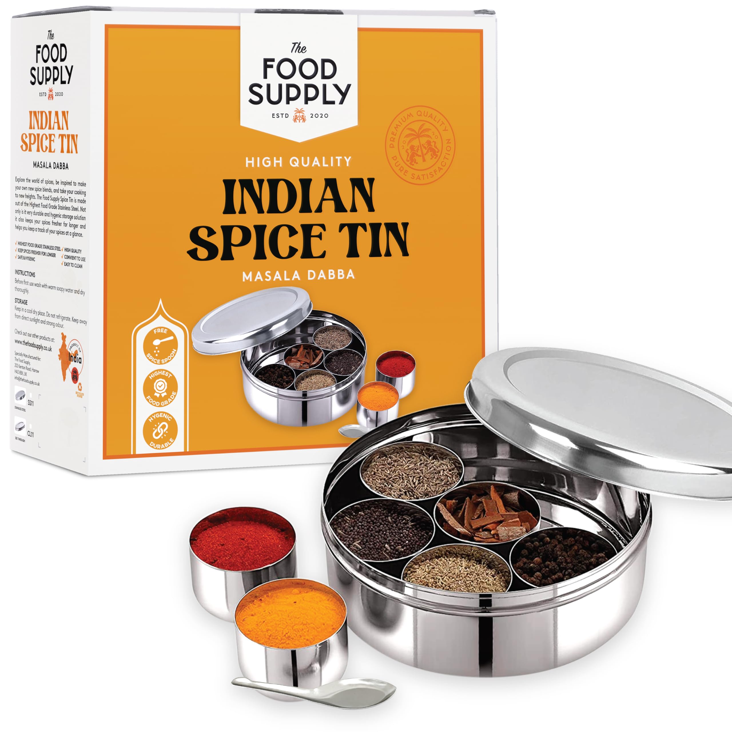 Pick N Save Spice Box Masala Dabba with 7 Compartments made out of Highest food grade stainless with FREE Serving spoon (Stainless Steel Lid, 22cm)