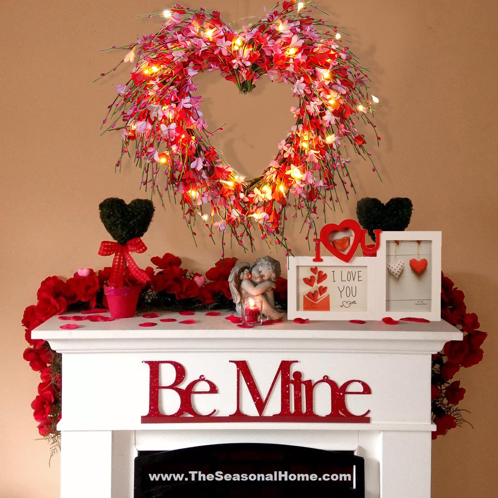 Valentine's Day Heart Wreath with LED Lights, 18 Inch Artificial Red Pink Forsythia Flower Berries Spring Summer Wreaths for Front Door, Valentines Day Farmhouse Hanging Wall Decor