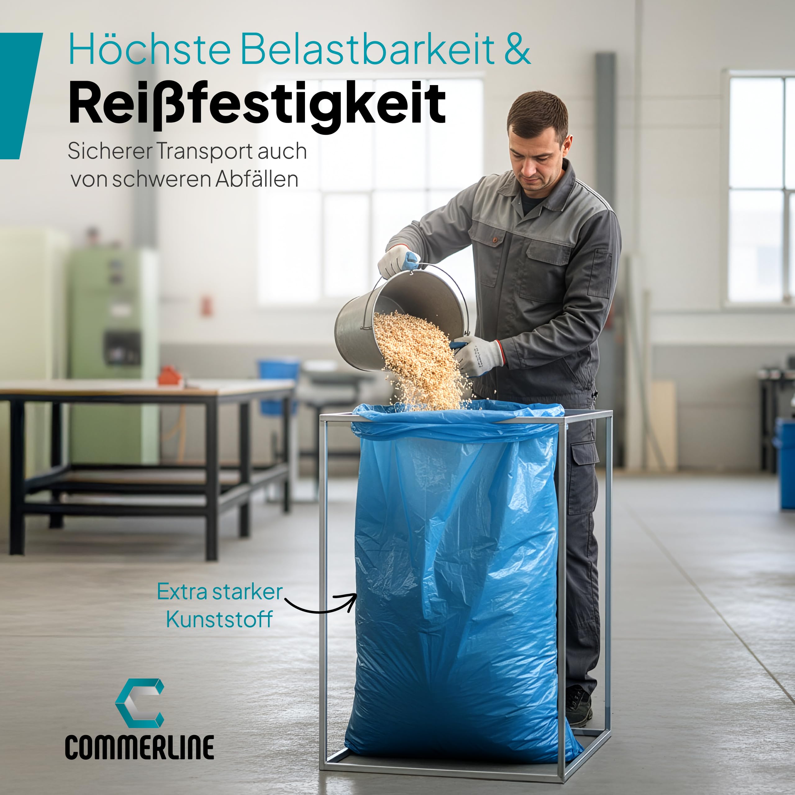 Commerline Bolsas de basura de 240 l, 10 rollos (100 unidades), color azul, 125 x 100 cm, resistentes a roturas y a prueba de fugas, para el hogar, oficina, comercio y gastronomía