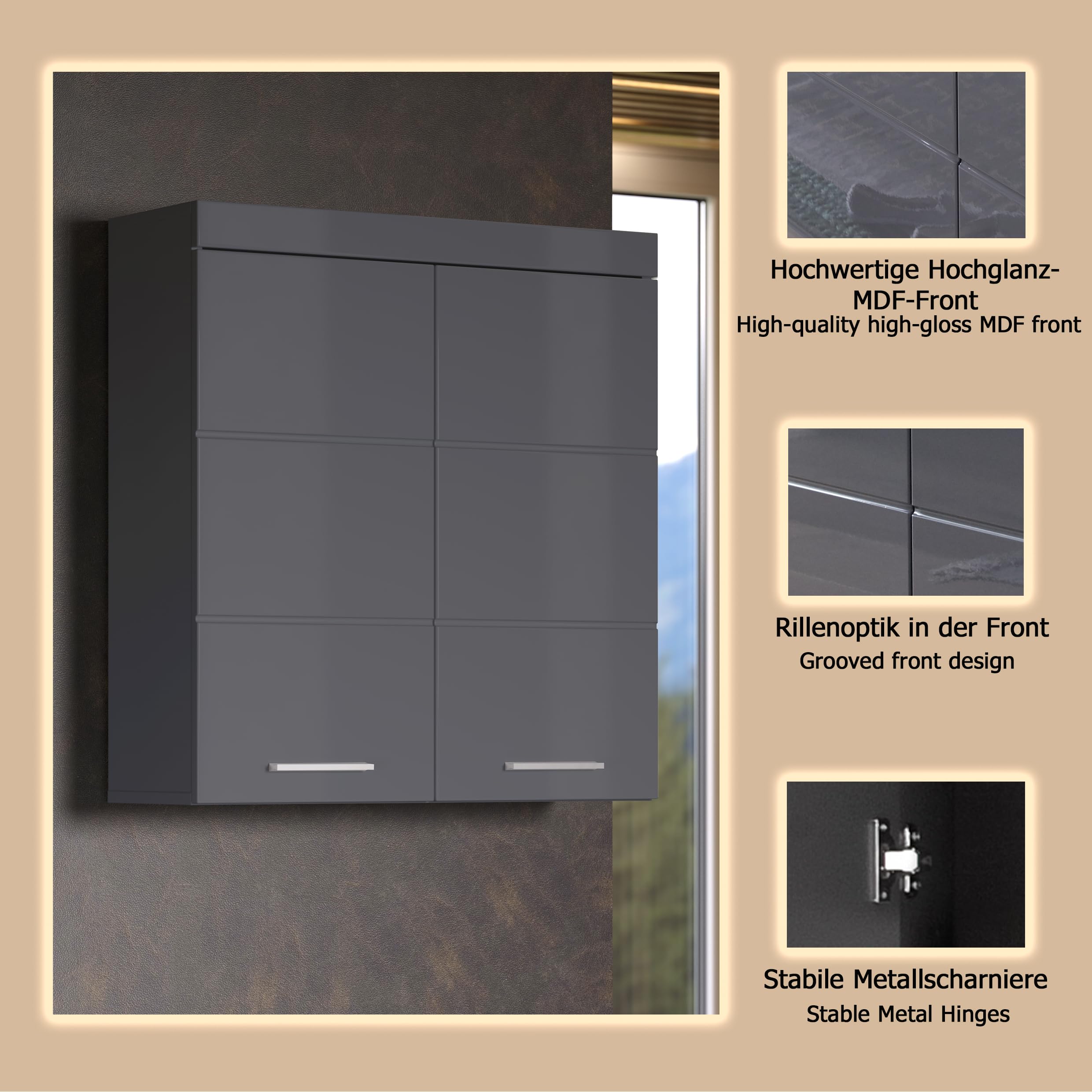 trendteam smart living - Amanda - Hängeschrank breit - Agave Grau Hochglanz - 2 Einlegeböden - (BxHxT) 73 x 77 x 23 cm - Kratzfest