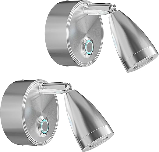 Leisure LED 4" 12V RV Reading Light Dimming Touch Adjustable LED Bedside Lamp Trailer Motorhome Interior Lighting Spotlight, Multi-Color, Aluminum Brushed Nickel (LED Night Light with USB) (2 Pack)