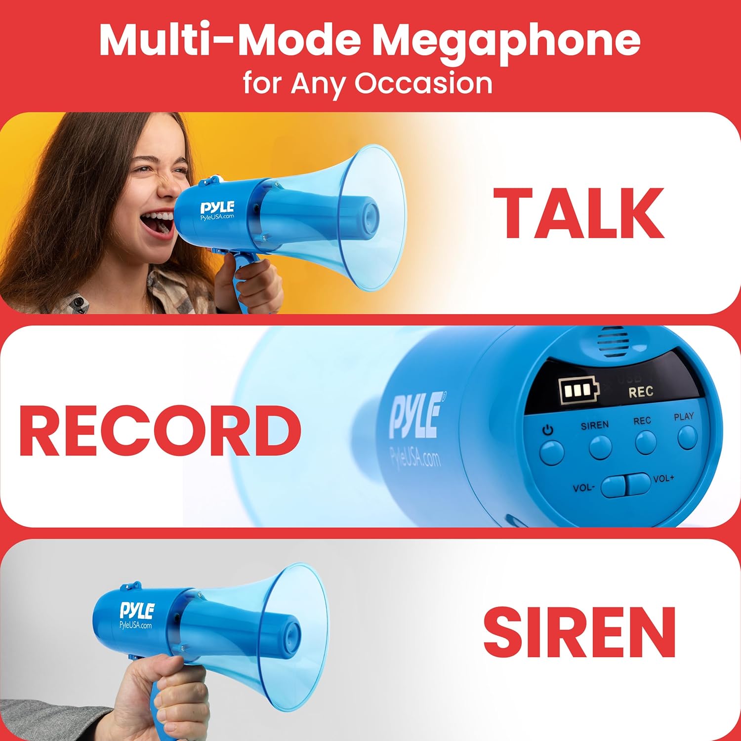 Pyle 30W Portable Megaphone Speaker, 1200-Yard Range, Lightweight Bullhorn with Siren, Rechargeable Battery, Handheld Mic, Adjustable Volume Control, Durable for Indoor/Outdoor Use, Transparent Blue