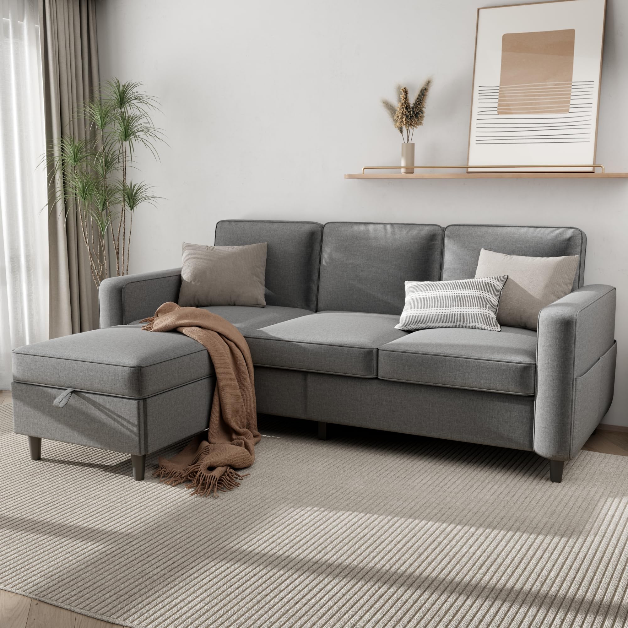 Sectional Sofa and Couches for Living Room - 78''L Shaped Light Gray Linen Couch-Pet Friendly Modular 3-Seater Convertible Sofas-Washable