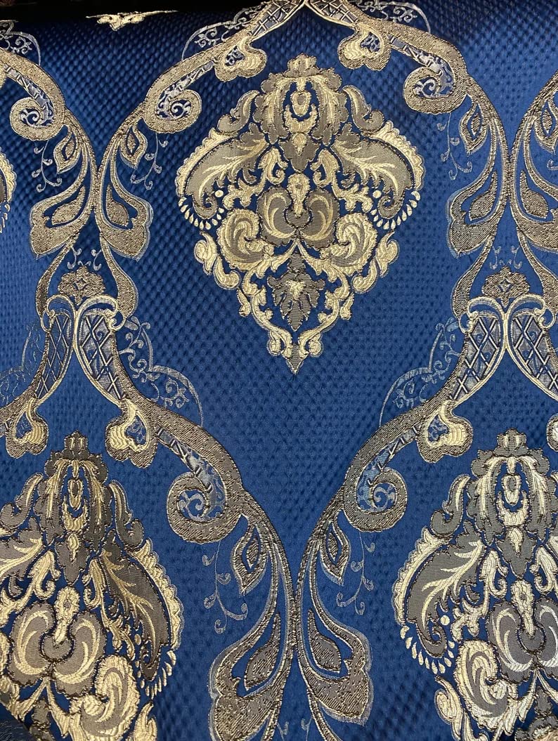 54'' Renaissance Jacquard Drapery Upholstery Damask Stripe Diamond Fabric | Sold by The Yard (Damask Midnight) (Renaissance001)