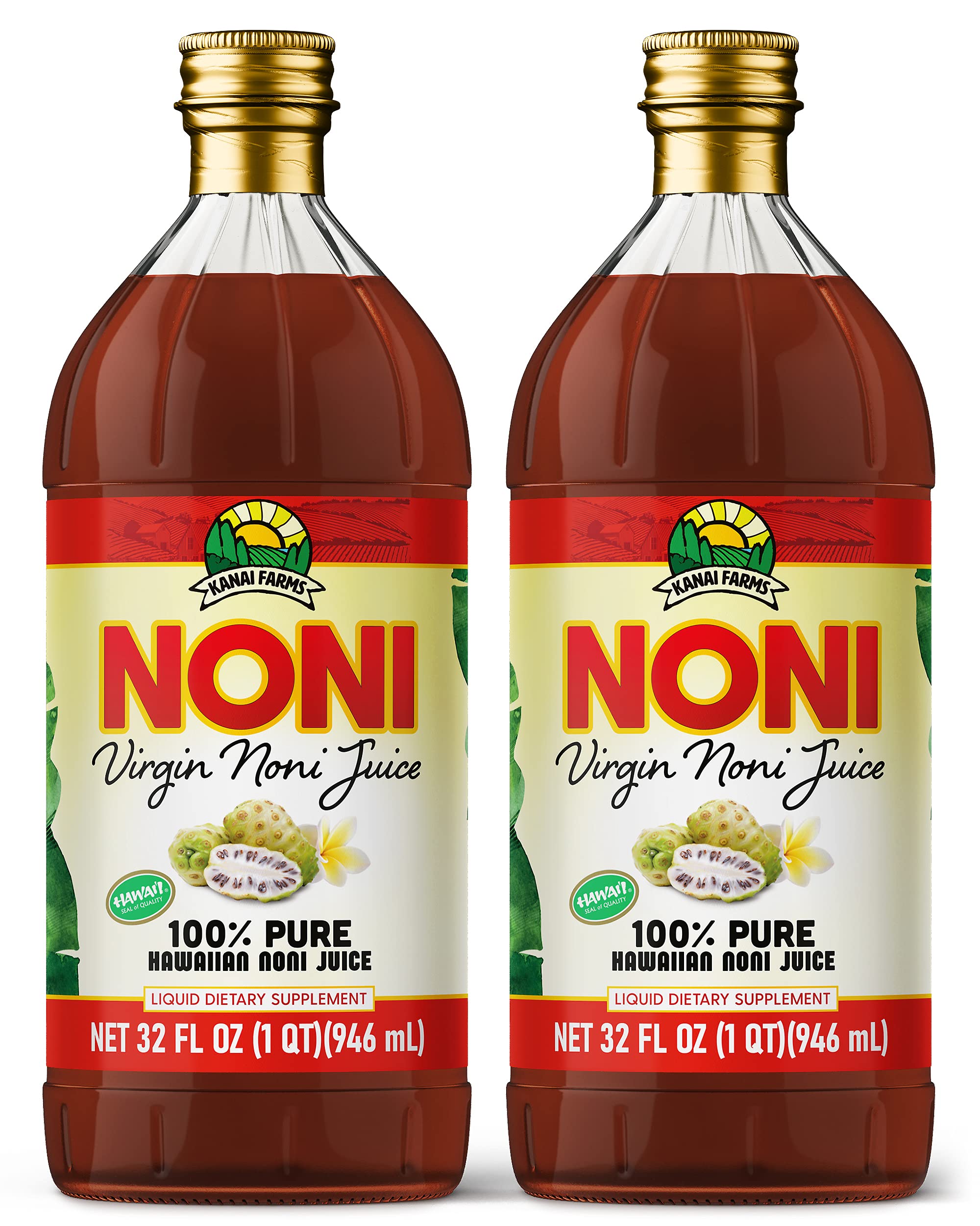 Virgin Noni Juice - 100% Pure Hawaiian Noni Juice - 2 Pack of 32oz Glass Bottles