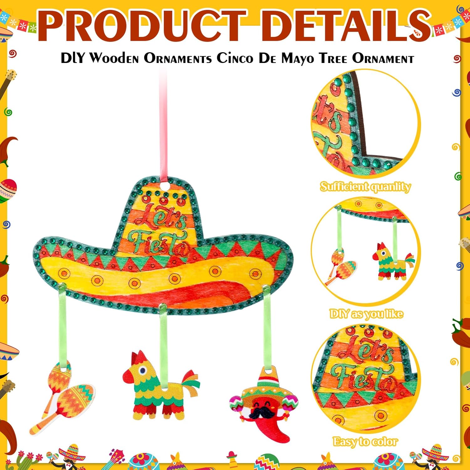 Amyhill 24 Sets Cinco De Mayo Crafts Mexican Wood Wind Chimes DIY Unfinished Sombrero Hat Diamond Craft Kit Wooden Hanging Ornament Make Your Own Windchime Coloring Decor for Party Decoration Supplies