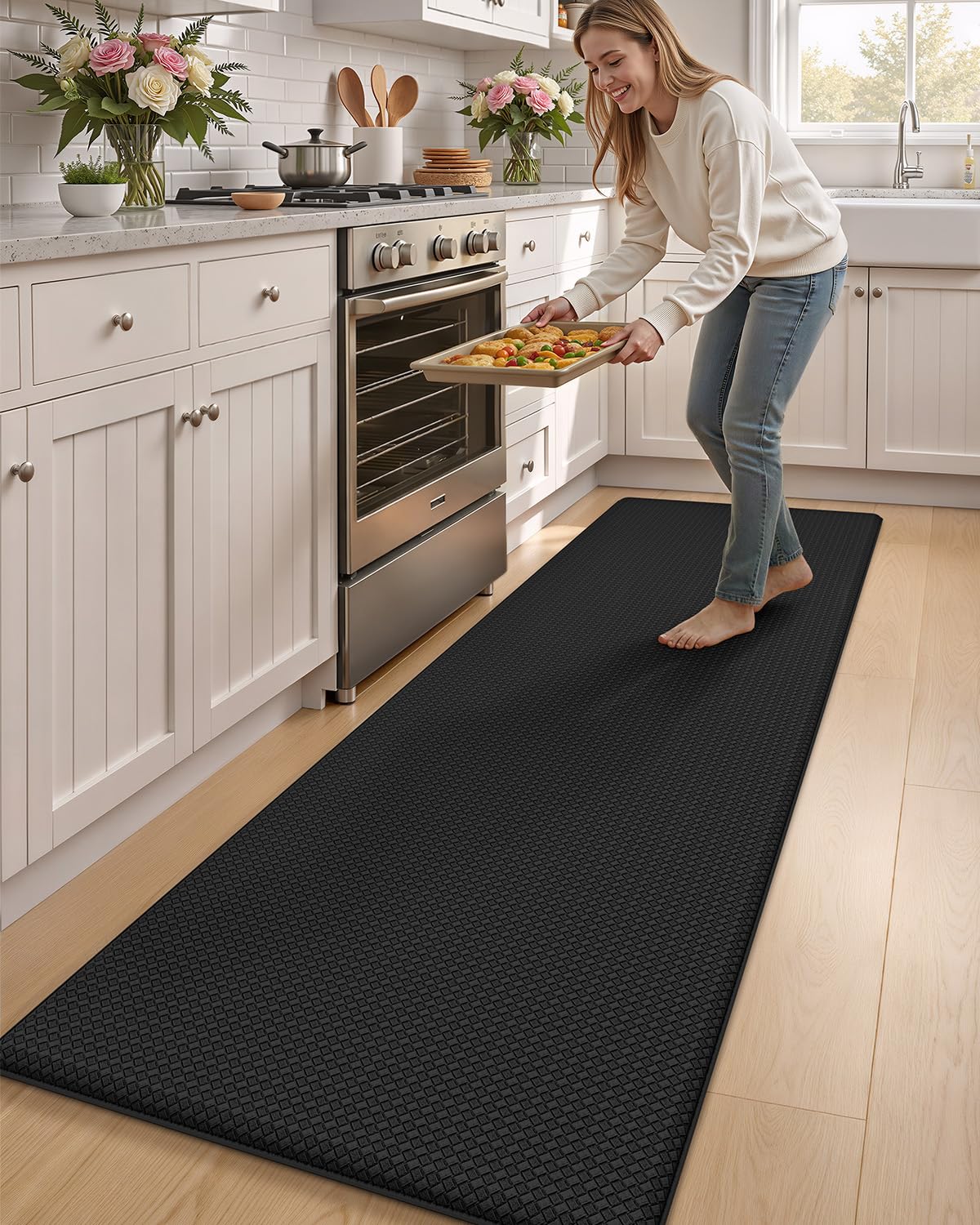 COLOR&GEOMETRY 10mm Tappeto da Cucina Antifatica-Runner più largo antiscivolo 60x240cm, Impermeabile e Antiolio, Imbottitura Morbida in Memory Foam, Ideale per Zona Lavello, Piano Cottura, Nero