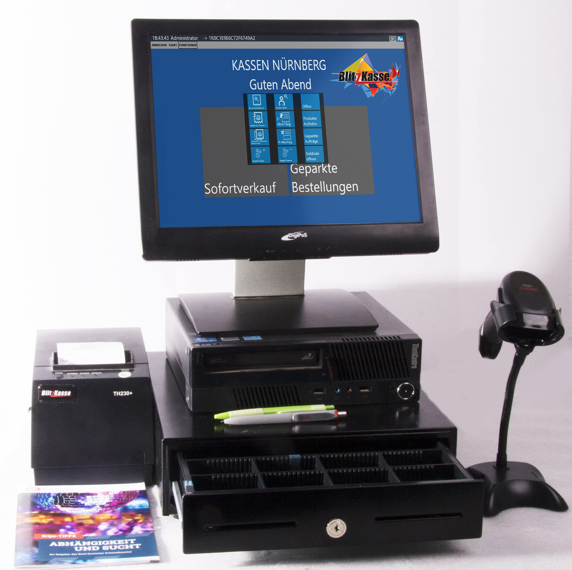BLITZKASSE Handel-Kasse 15″ – Gebraucht, Geprüft, Mit Drucker, Scanner & TSE-konform – Für Laden, Imbiss, Kiosk