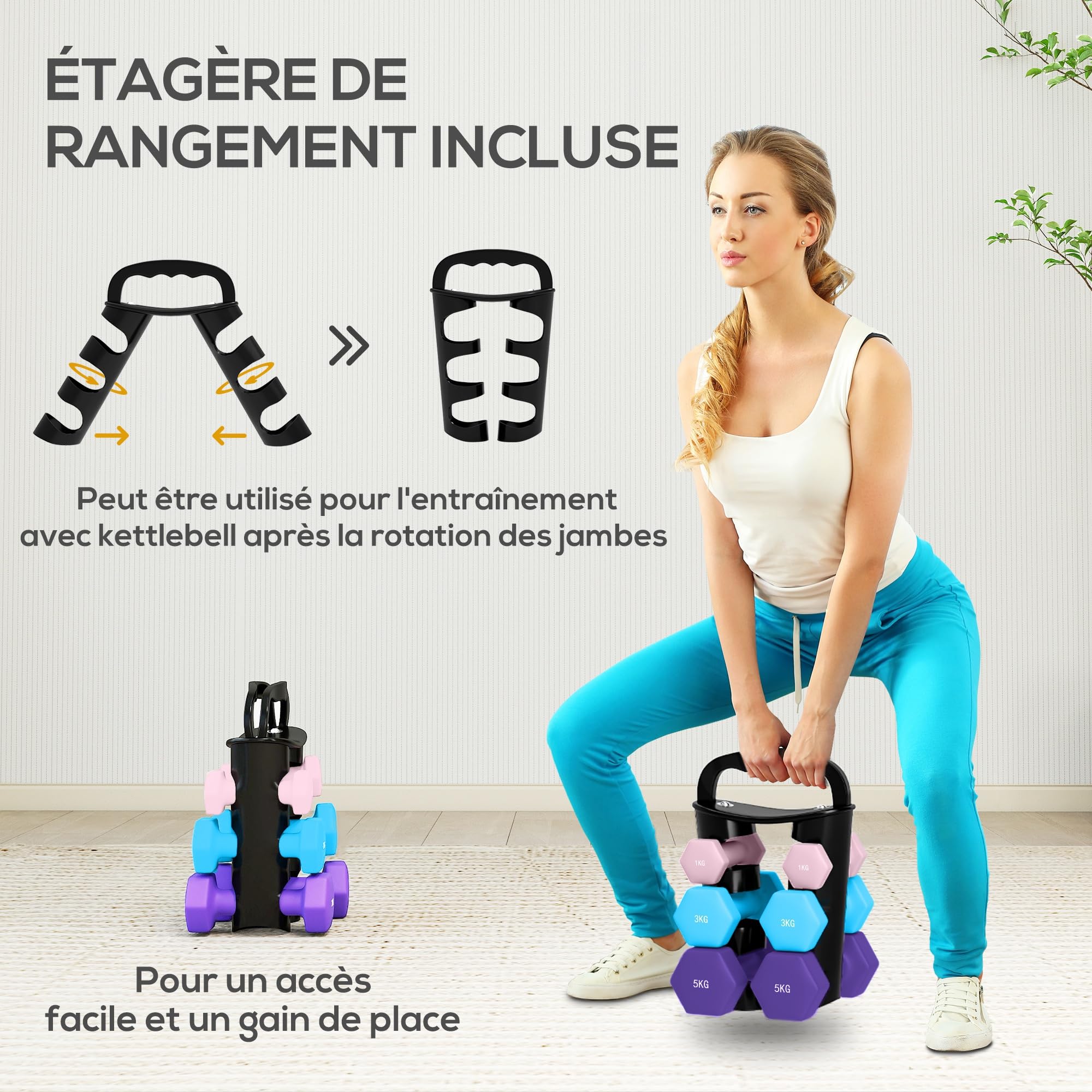 SPORTNOW Lot d'haltères hexagonaux, haltères musculation, avec support convertible d'haltères, pour entraînement à domicile, kettlebell, exercice d'haltérophilie