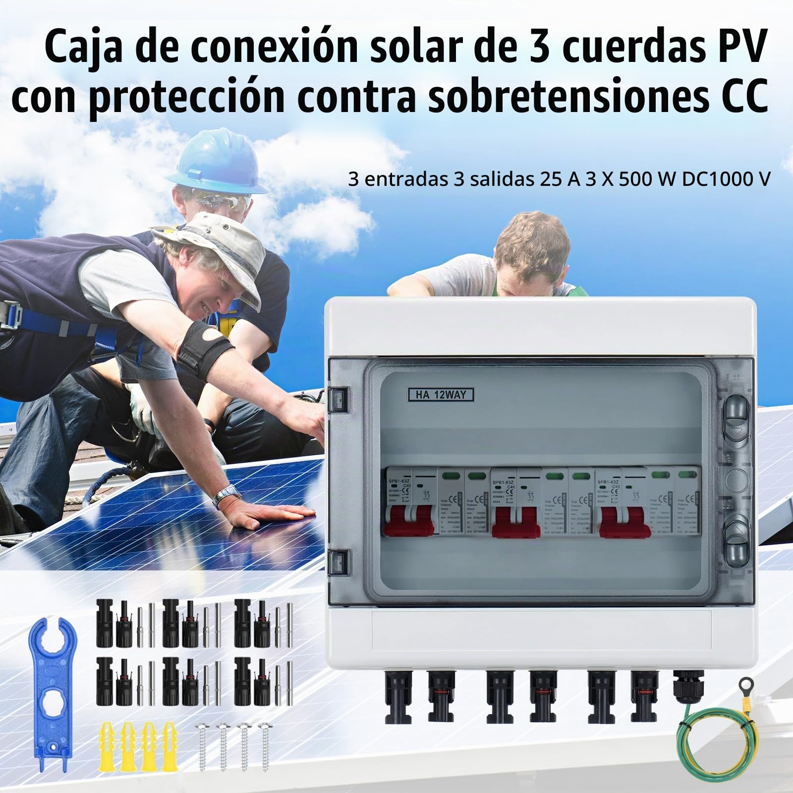 Protección Contra Sobretensiones Fotovoltaica, 3 Entradas Y 3 Salidas Disyuntor DC Disyuntor Protección Contra Rayos 3 Cuerdas 1000V Cc 25A 20-40KA Caja Conexión Generador Caja ConexióN Solar IP65
