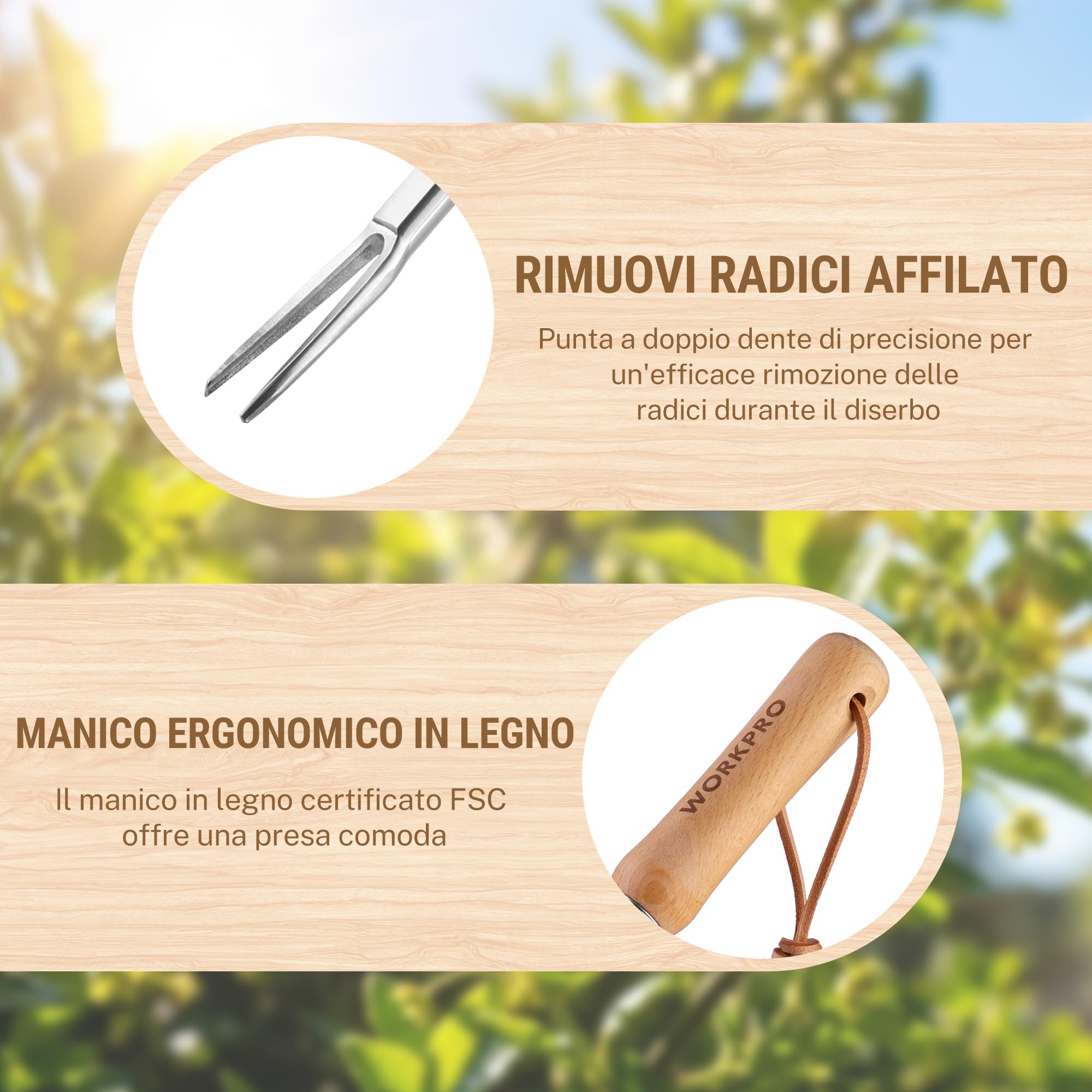 WORKPRO Estirpatore Erbacce Manuale in Acciaio Inossidabile e Legno di Faggio con Punta Vaffilata e Azione di Leva, Strumento Efficiente per Estirpare Erbacce, Utile Attrezzo da Giardino