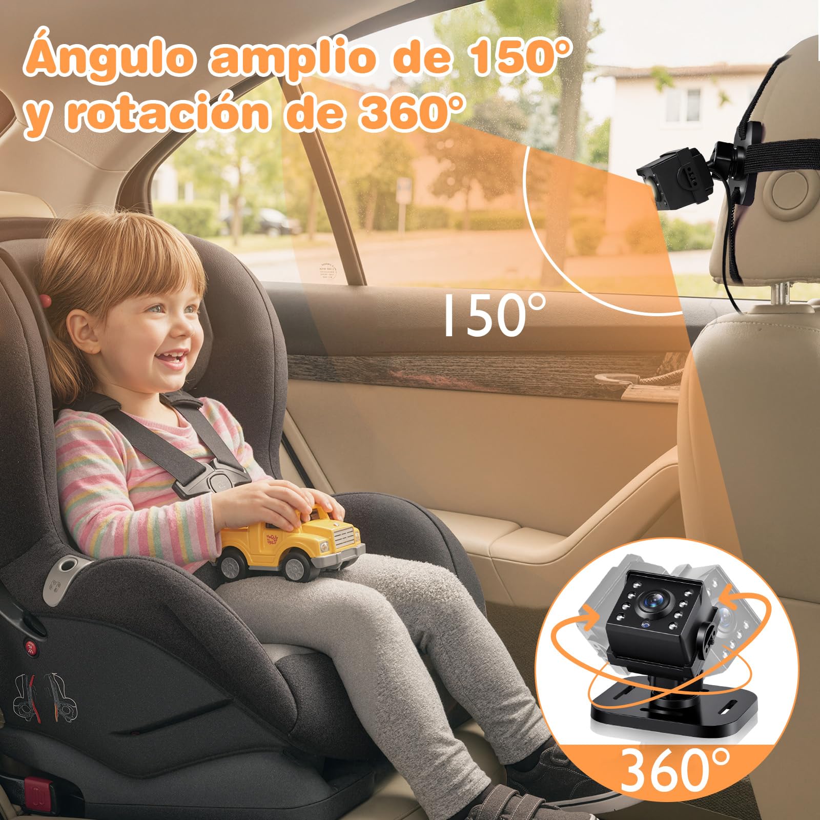 Zacro Cámara Bebé Coche Asiento Trasero HD 1080P, Espejo Retrovisor Camara Bebe Pantalla 4.3'', USB-C Plug and Play Monitores de Bebé para Coche con Visión Nocturna, Ángulo de Visión Amplio