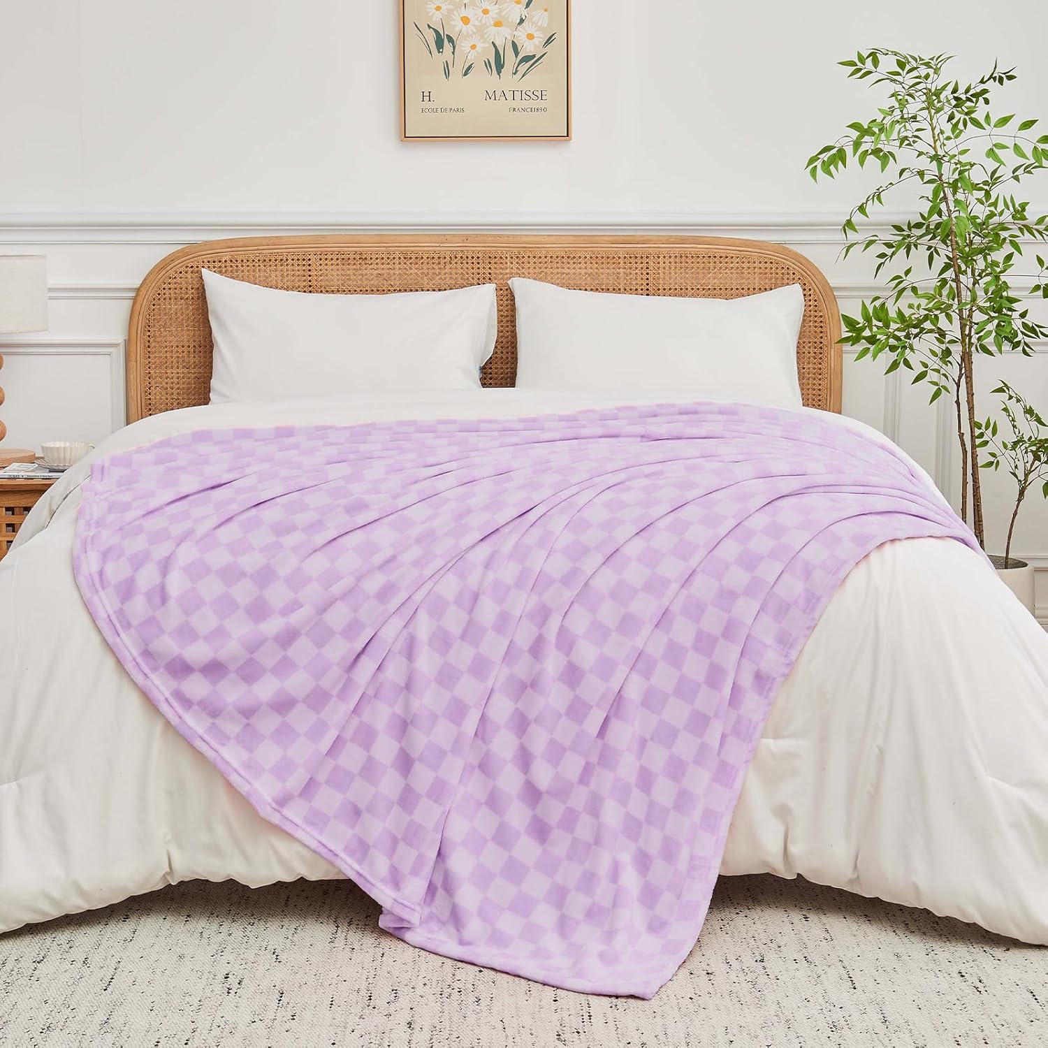 FY FIBER HOUSE Checkered Flannel Fleece Throw Blanket Soft Cozy Checkerboard Grid Print Chessboard Gingham Pattern Blankets for Bed Couch Sofa, 50"x60", Purple - Image 3