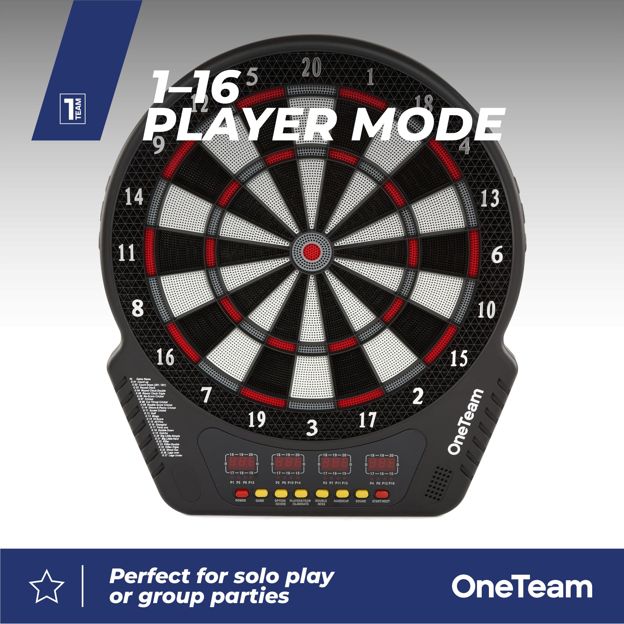 OneTeam TargetJoy Bersaglio elettronico da 35 cm, 27 giochi/243 varianti, 4 indicatori LED, 16 giocatori, funzionamento a rete/batteria, 24 punte per freccette, Master in/out, modalità audio