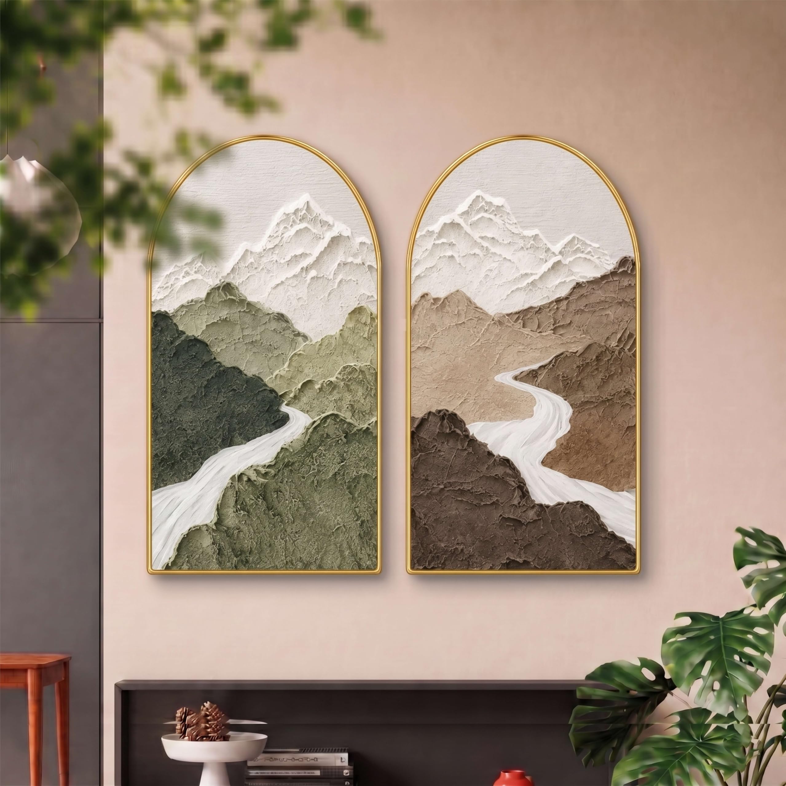 Livin'luxe Set of 2 Mountain Wall Painting for Living Room, Textured Landscape Modern Artwork, PVC Golden Frame, Arch Shape Wall Decor for Bedroom, Hall, Office & Gift (30 x 32 Inch) RPNL-02-117-image-16