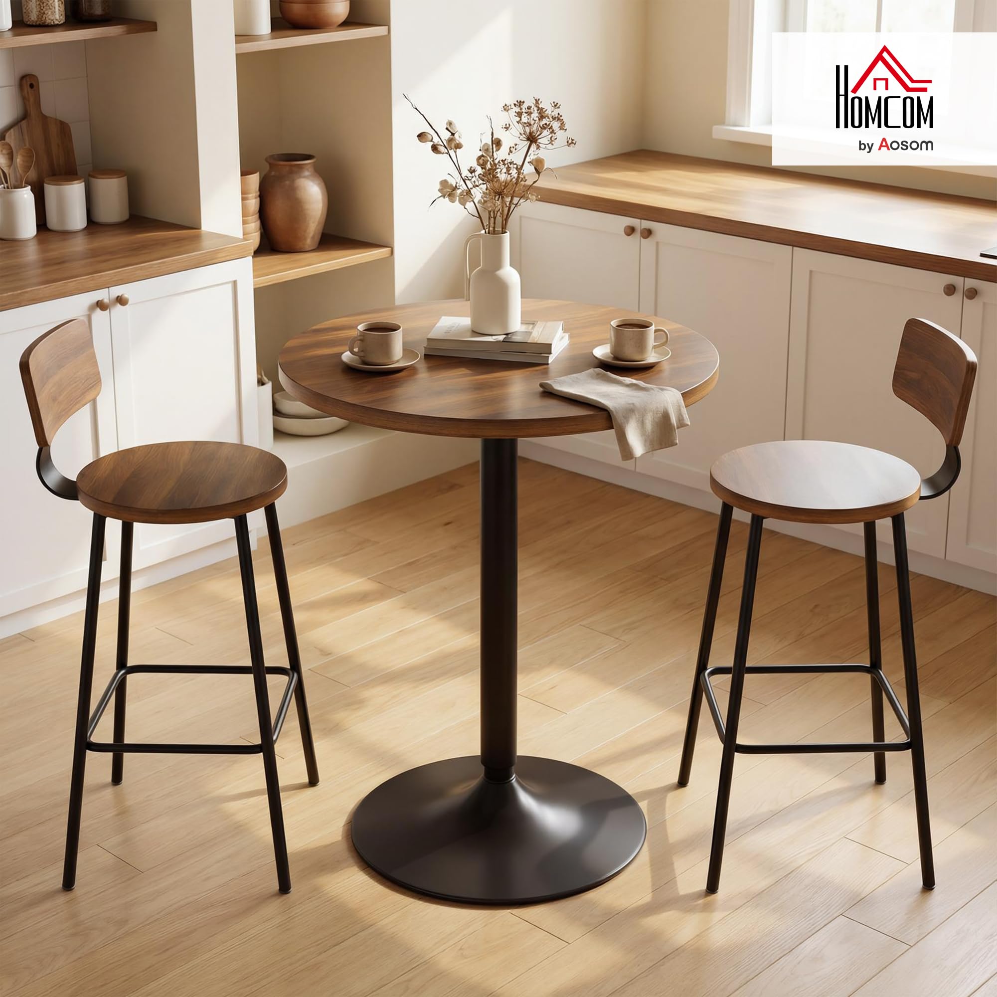 HOMCOM Table de Bar Ronde 60 cm, Table Haute Cuisine Mange-Debout avec Patins antidérapants, Cadre en métal, pour Cuisine, Salon, Noyer