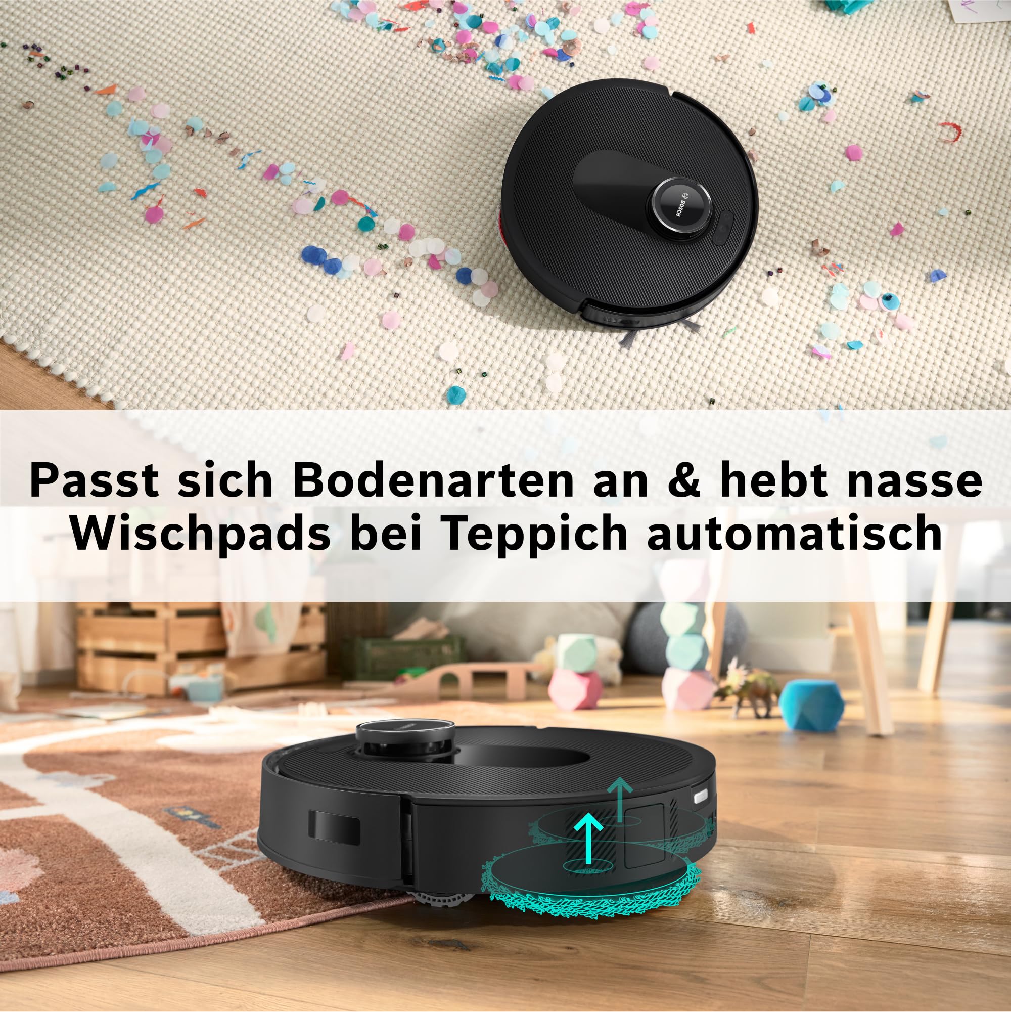 Bosch Spotless Max BCRDW3B Saugroboter mit Wischfunktion, 11.000 Pa Saugkraft, rotierende Wischpads, Nass-Trocken-Servicestation, Selbstreinigung, Smart Vision Navigation, Steuerung per App, schwarz