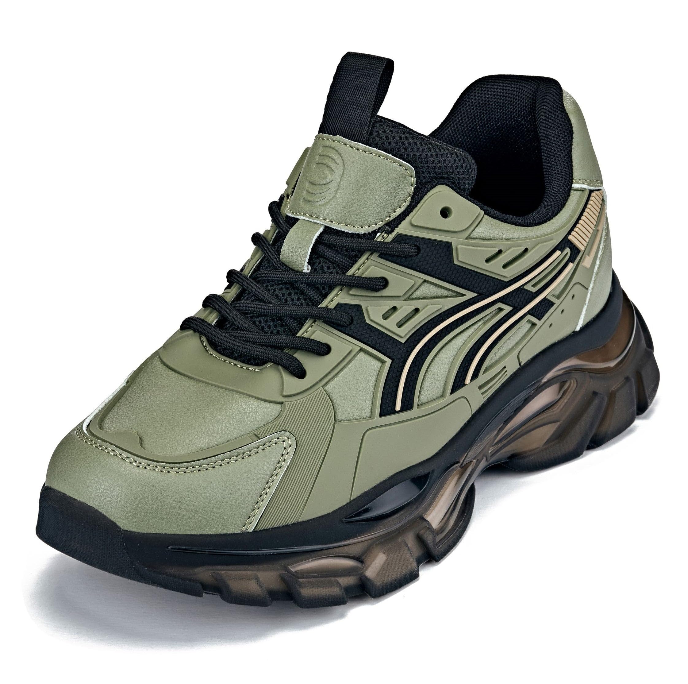 CALTO Men's Invisible Height Increasing Elevator Shoes - Khaki Green/Translucent Onyx Sole Chunky Sole Lace-up Sporty Sneakers - 2.6 Inches Taller -