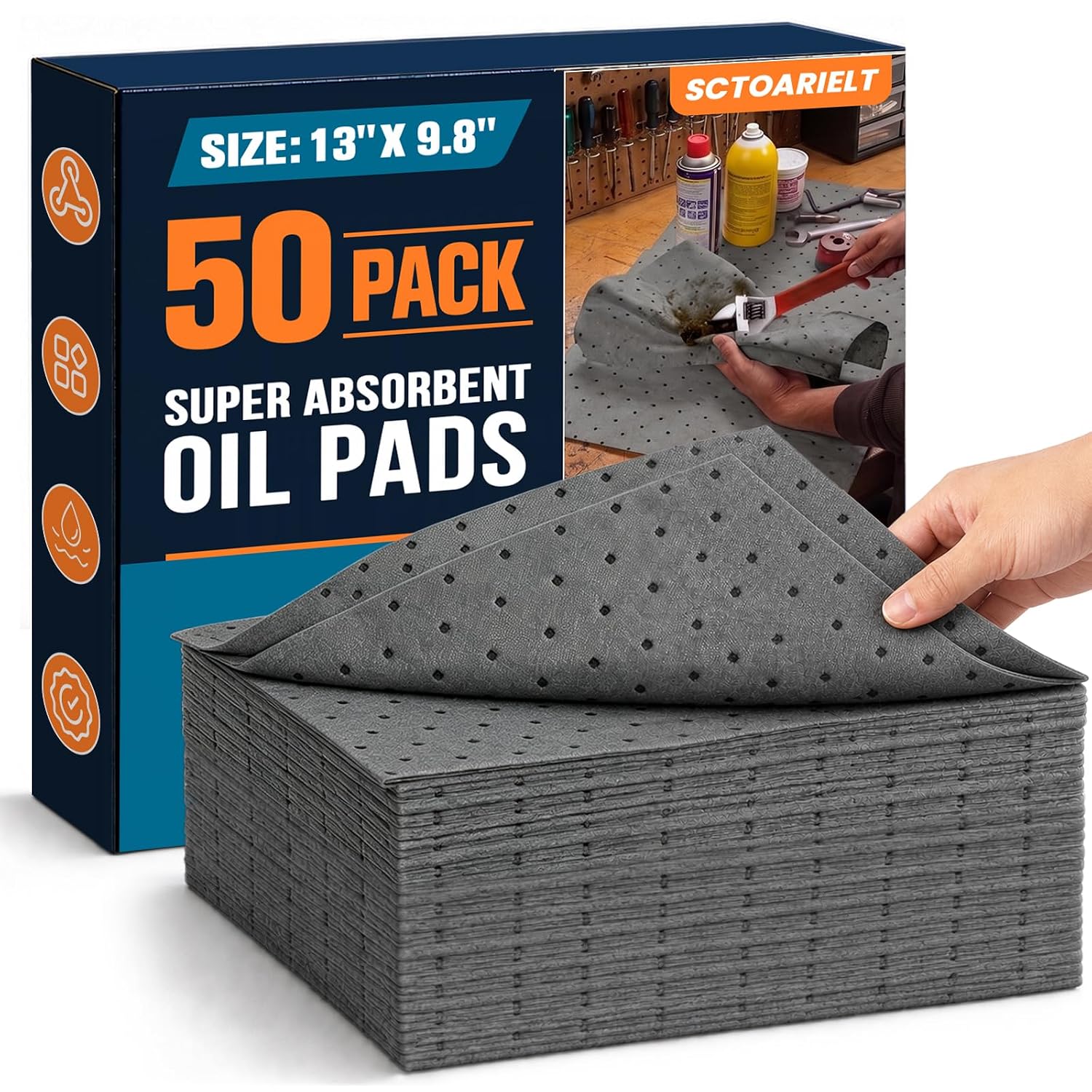 50 Pcs Oil Absorbent Pads, 9.8" x 13" Heavy Dimpled Garage Absorbing Mat