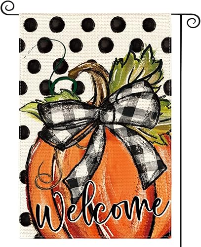 AVOIN colorlife Bandera de jardín de calabaza de bienvenida de otoño, 12 x 18 pulgadas, doble cara exterior, bandera decorativa de lunares para