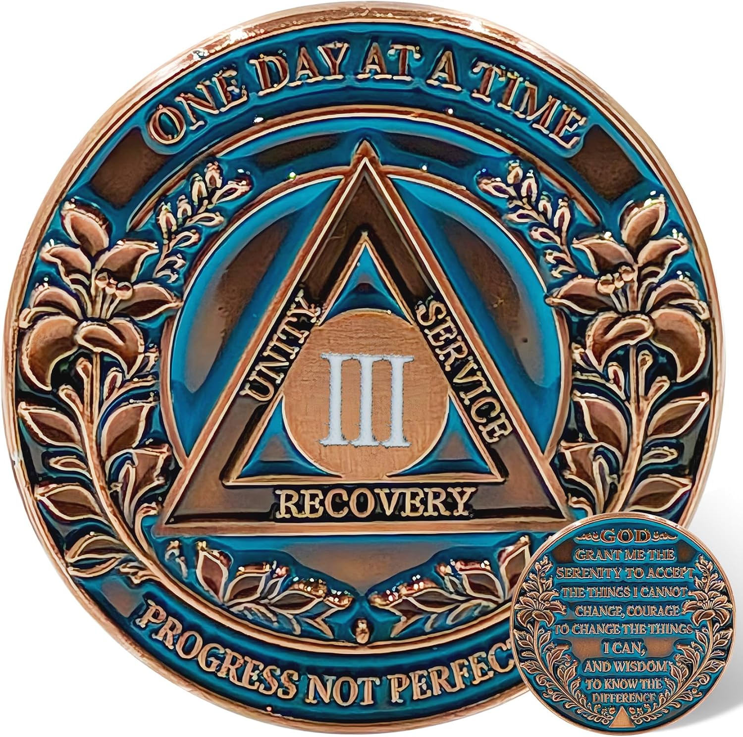 AA Sobriety Coin One Day at a Time Serenity Prayer Medallion, Recovery Chip with Unity Service Recovery Triangle, Inspirational Alcoholics Anonymous Gift (Progress Not Perfection-Indigo, 2 Years)