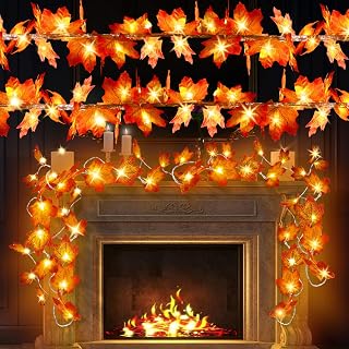 40 FT 4 Pack Fall Decor Maple Leaves Garland String Lights, Total 80LED Halloween Decor Lighted Garland, Thanksgiving Decor, Fall Decorations for Home Porch, Fireplace and Staircase