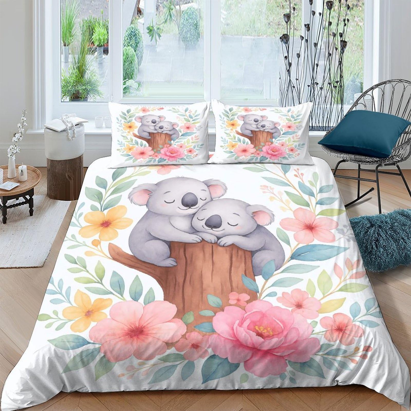 Ctjqhvkz Style-8 3D Printed Koala Floral Fitted Sheet Microfiber Soft Anti-Slip Bed Cover For Bedroom Guest Room Decor Dustproof Washable Single（135X200cm）