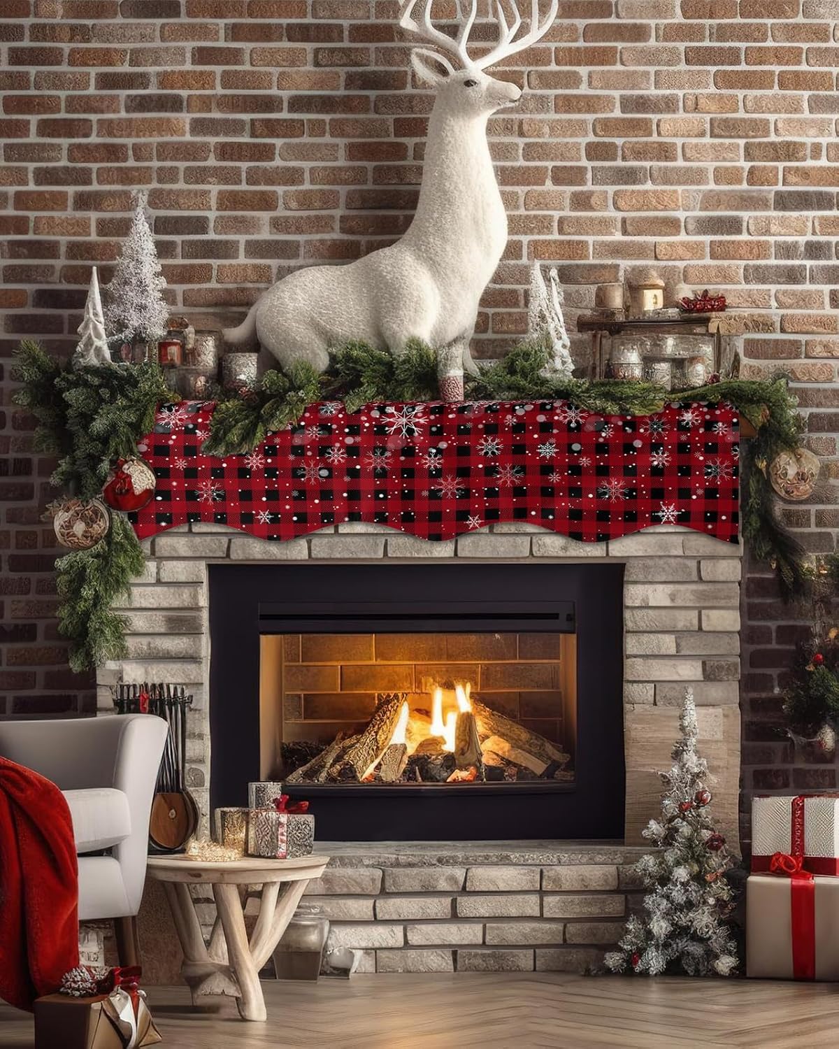 Classic Black and Red Buffalo Plaid Mantel Scarf Fireplace Top Runner,Mantel Scarves Cover Table Runners for Home Daily Use Holiday Party Decor 60x17in,Winter Christmas Snowflakes