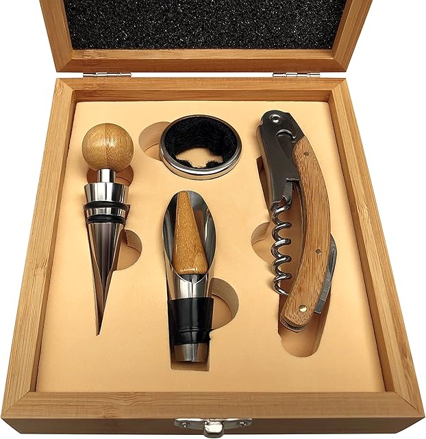 4 Piece Wine Gift Set - Waiter's Mate Including Corkscrew & Foil Cutter, Wine Stopper & Pourer + Velvet Lined Bottle Collar in Exquisite Bamboo Gift Box, 18.5 cm x 15.5 cm x 5 cm