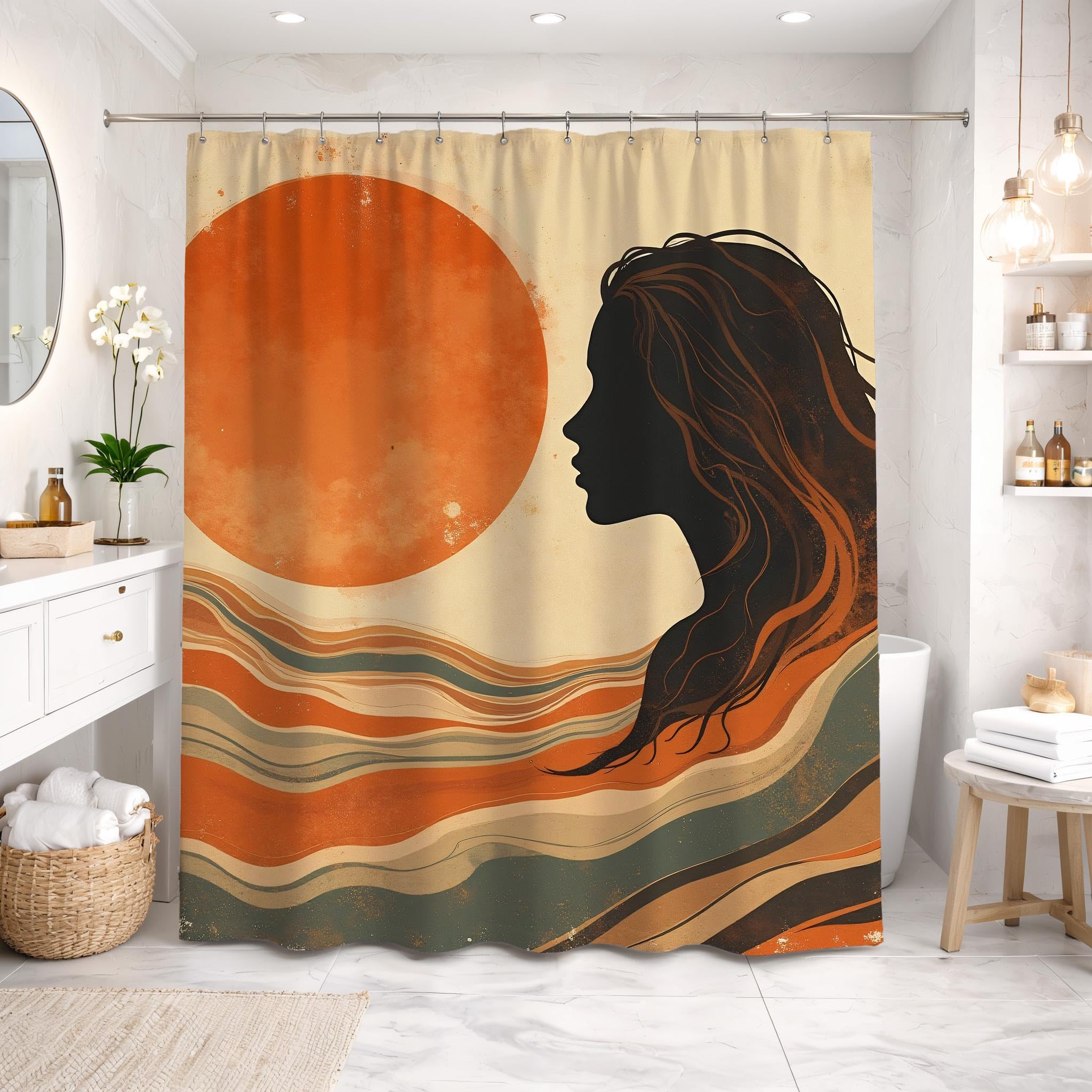 LMYCHENG Abstract Retro Shower curtain, 70s Woman Silhouette Shower Curtain, Boho Sunset Landscape Art, Vintage Bathroom curtain(180x180cm/71x7in(WxH)/)