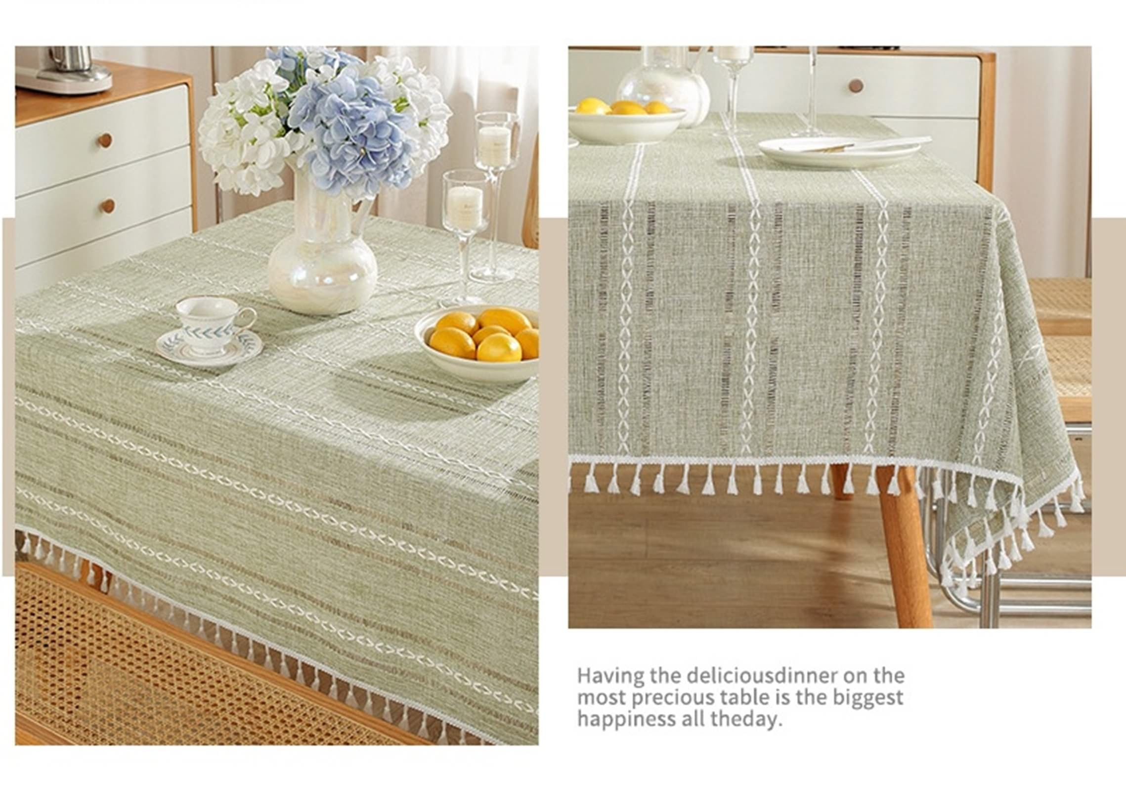 Tovaglie Rettangolari Poliestere, Tovaglia Decorativa Tavolo Lavabile Strisce con Nappe Copritavolo per Cucina, Sala da Pranzo, Feste, Tavolino Verde, 140x240 CM