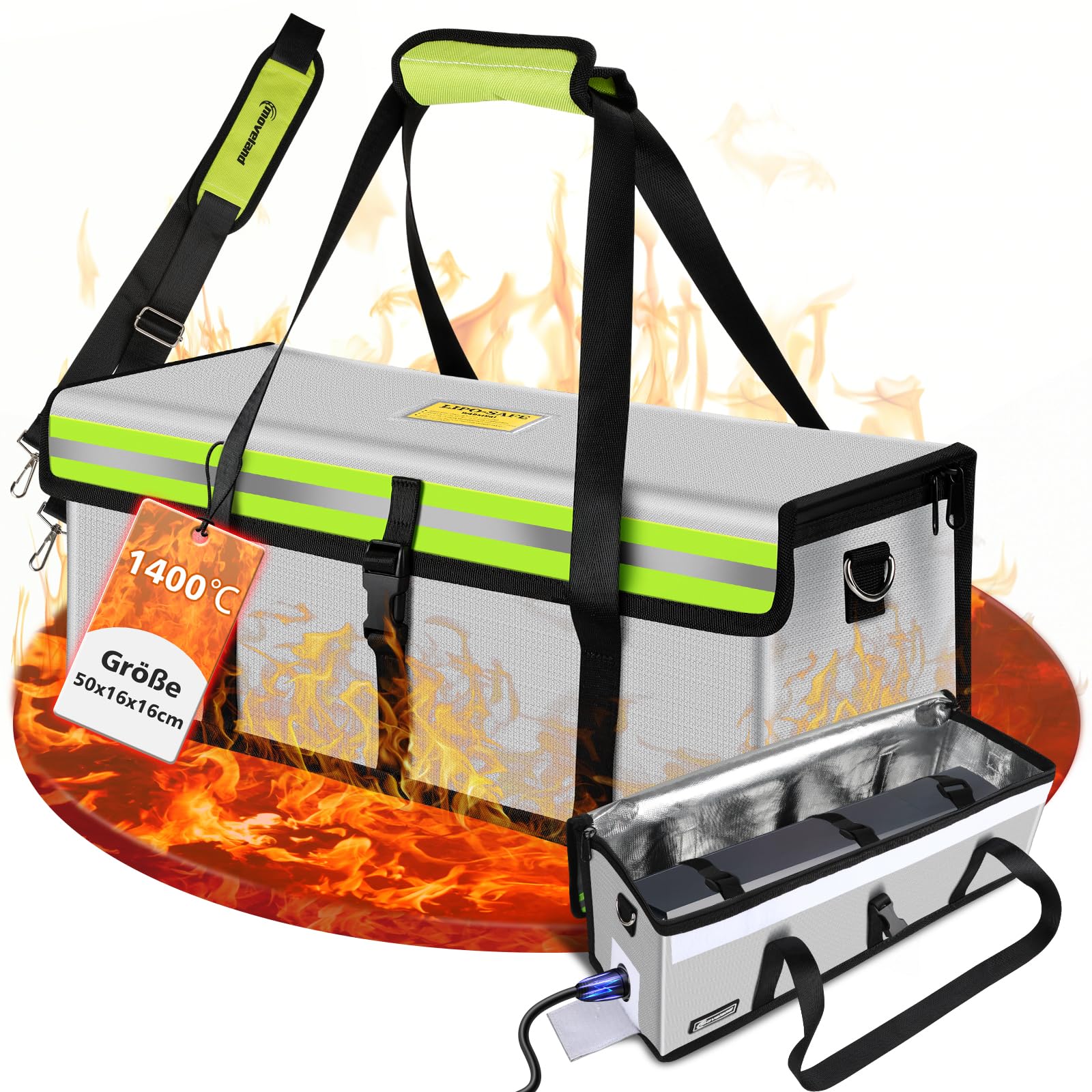moveland Ebike torba na akumulator ognioodporna, do 1400 °C – odporna na wybuchy torba na akumulator, 56 x 23 x 22 cm – potrójna ochrona przeciwpożarowa akumulatora do roweru elektrycznego z