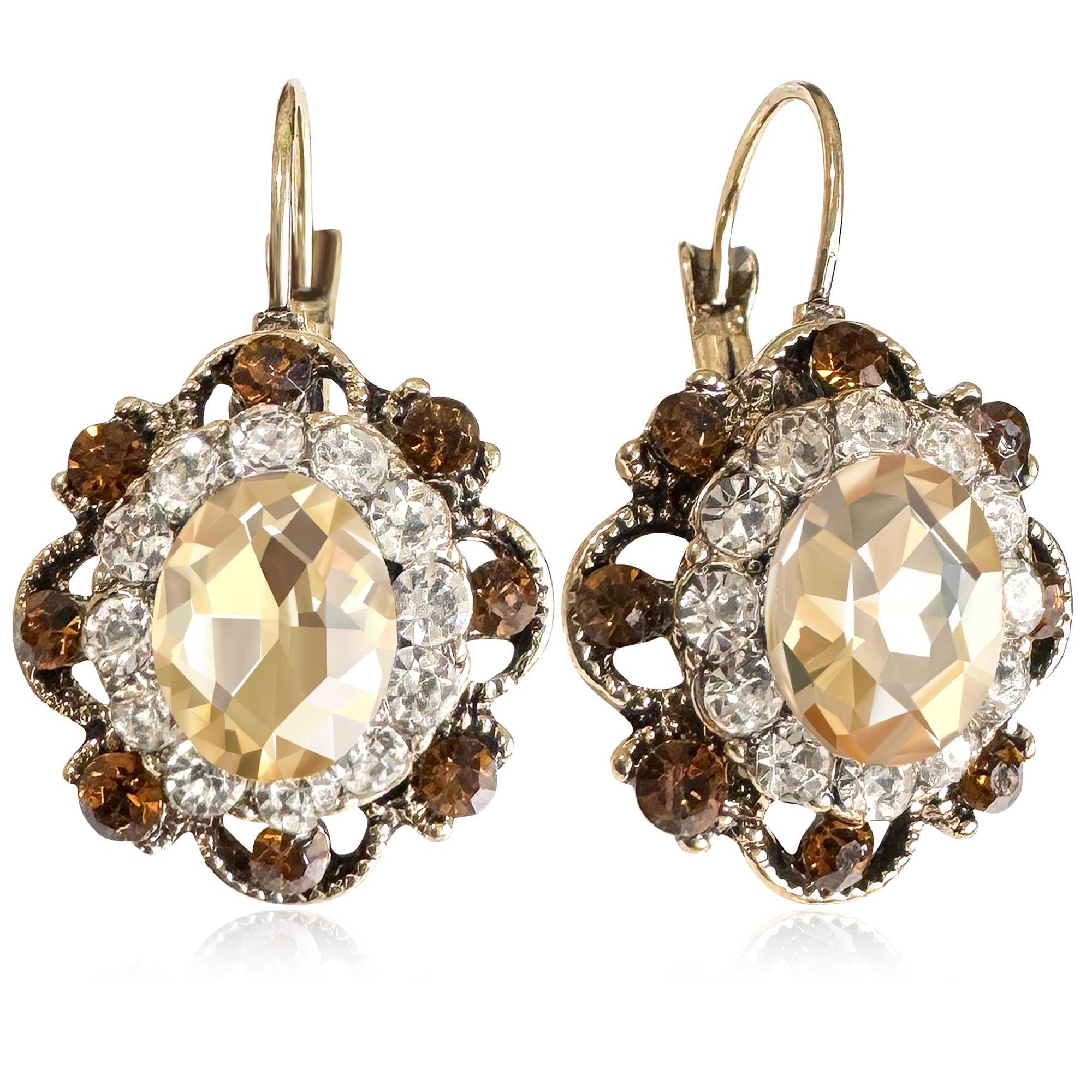 Handmade Bohemian Vintage Gold Sparkly Crystal Round Flower Leverback Earrings Cute Rhinestone Geometry Dangle Drop Earring for Women
